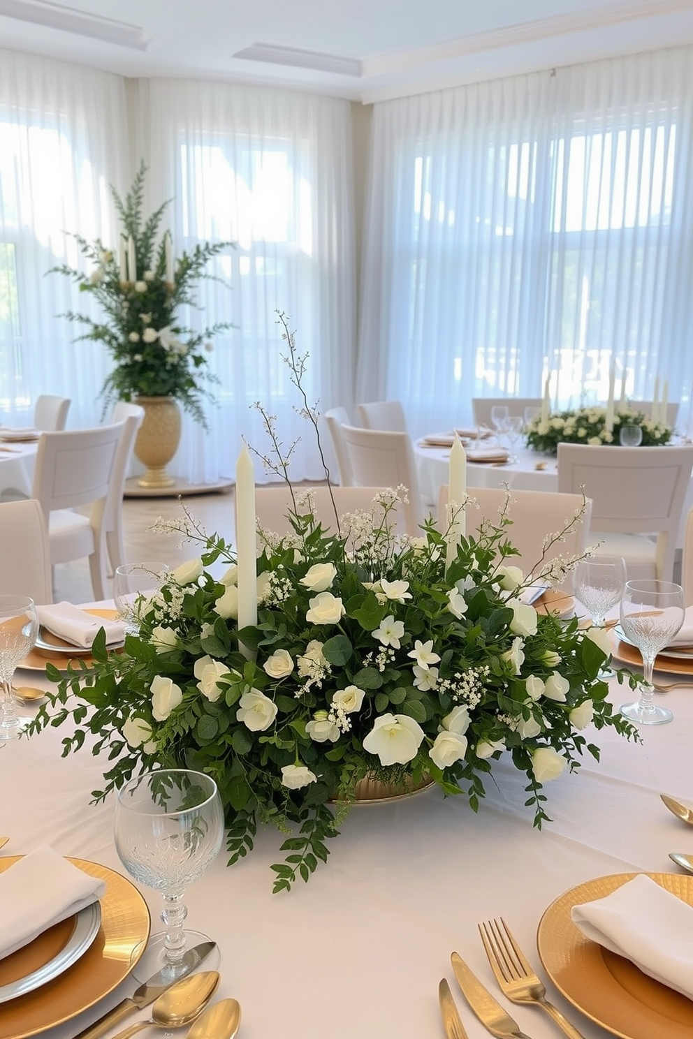 A festive dining table centerpiece features an elegant arrangement of fresh greenery, including eucalyptus and ferns, intertwined with delicate white flowers. The centerpiece is placed on a crisp white tablecloth, complemented by soft gold accents in the tableware and candles. Surrounding the centerpiece, the dining room is adorned with pastel-colored table settings that evoke the freshness of spring. Light streaming through sheer curtains enhances the airy atmosphere, creating a welcoming space for family gatherings.