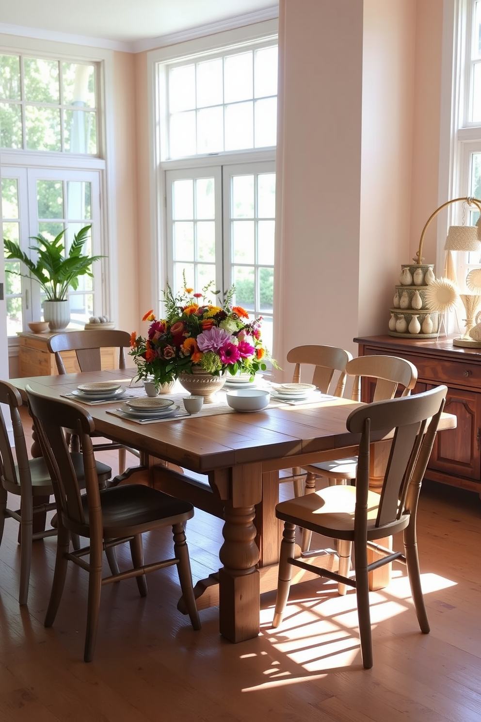 A bright and inviting dining room featuring a handcrafted wooden table surrounded by mismatched chairs that showcase various artisanal designs. The table is set with a vibrant floral centerpiece made of seasonal blooms and accented with handmade ceramic dishware. The walls are adorned with soft pastel colors, creating a warm and welcoming atmosphere. Natural light floods in through large windows, highlighting a display of unique handcrafted decorations on a nearby sideboard.