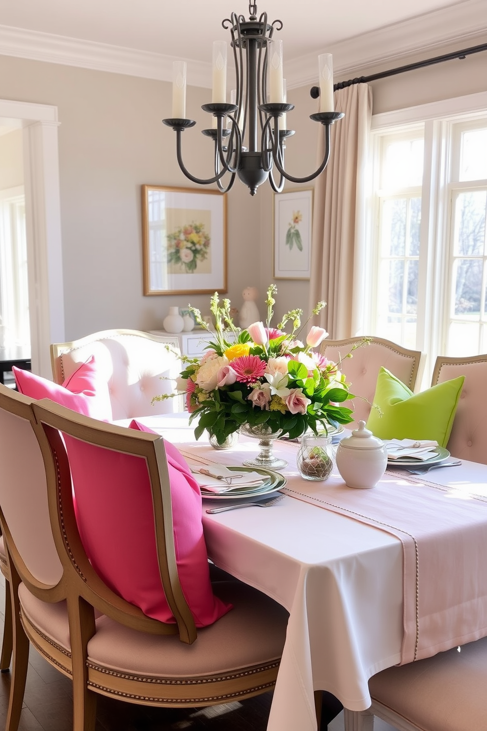 Brightly colored throw pillows are arranged on elegant upholstered chairs, adding a vibrant touch to the dining room. The table is set with a cheerful floral centerpiece, and light streaming in through large windows enhances the lively atmosphere. Spring-themed decorations adorn the space, featuring pastel colors and fresh greenery. A soft table runner complements the seasonal decor, creating a welcoming and festive dining experience.