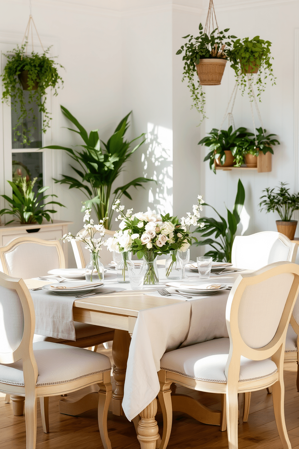 A breezy dining room setting features a light wooden table adorned with soft linen tablecloths in pastel colors. Surrounding the table are elegant chairs with light upholstery, and delicate floral arrangements in clear glass vases add a fresh touch. The walls are painted in a soft white hue, allowing natural light to fill the space and enhance the airy atmosphere. Accents of greenery are placed throughout, with potted plants in the corners and hanging planters that bring a lively spring feel.