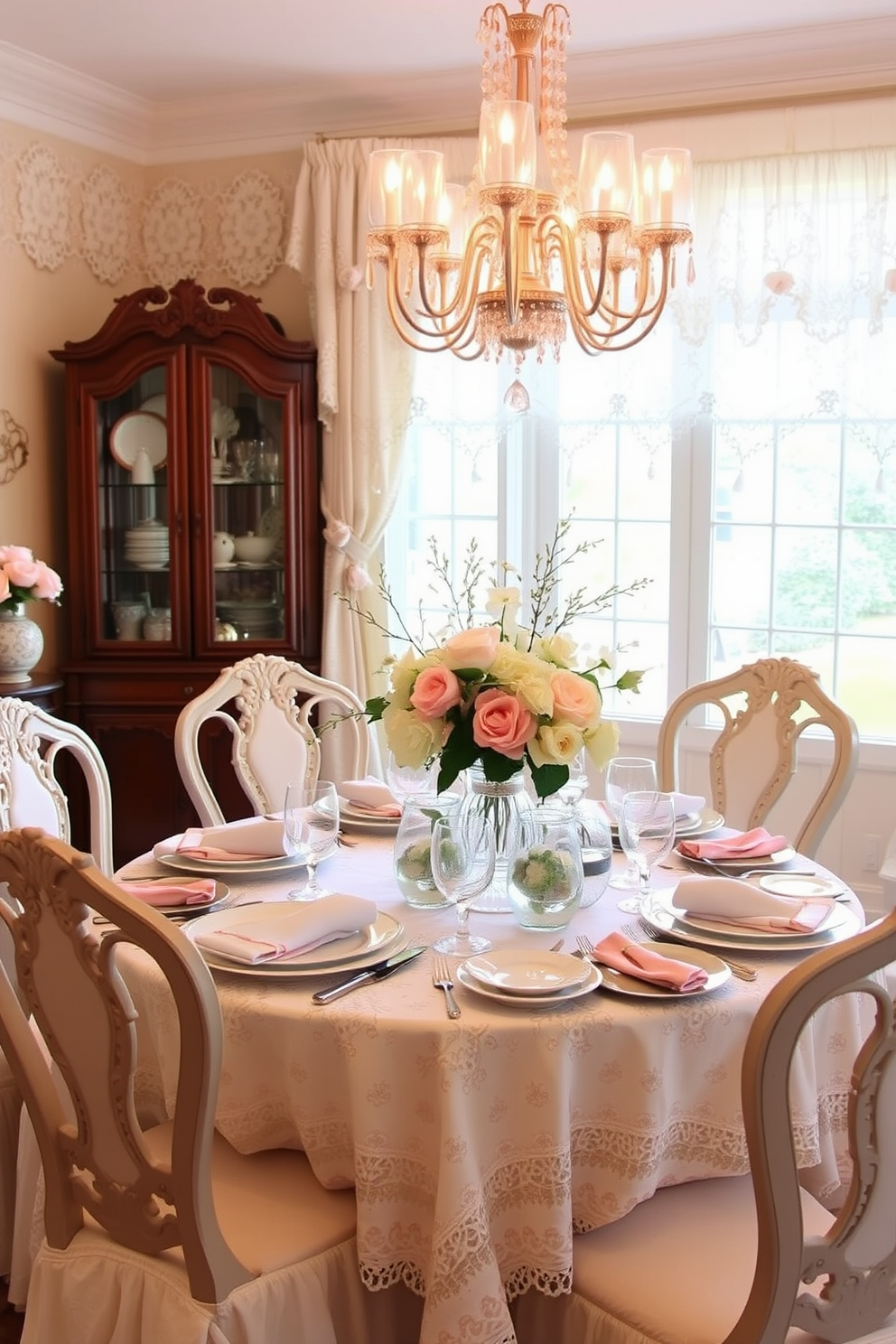 A spring dining room adorned with delicate lace overlays creates an atmosphere of elegance and charm. The table is set with fine china and crystal glassware, complemented by soft pastel floral arrangements that enhance the seasonal theme.