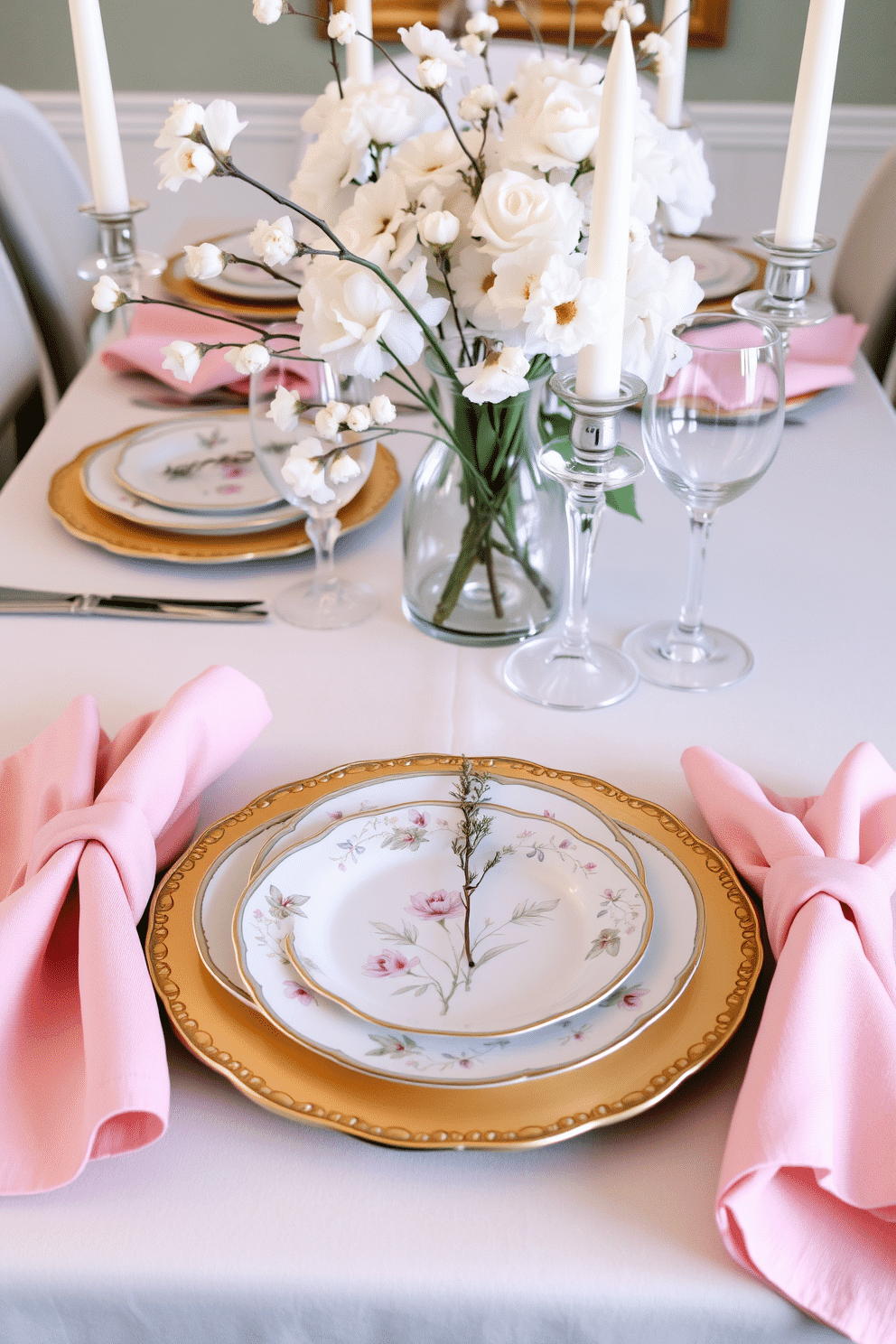 A beautifully arranged dining table features layered plates adorned with delicate spring motifs. The table is set with pastel-colored napkins and elegant glassware, creating a fresh and inviting atmosphere for spring gatherings.