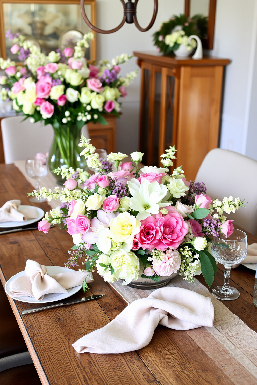 Artful arrangements with seasonal blooms create a vibrant and inviting atmosphere in the dining room. A rustic wooden table is adorned with a centerpiece of fresh spring flowers in pastel hues, complemented by elegant tableware and soft linen napkins.