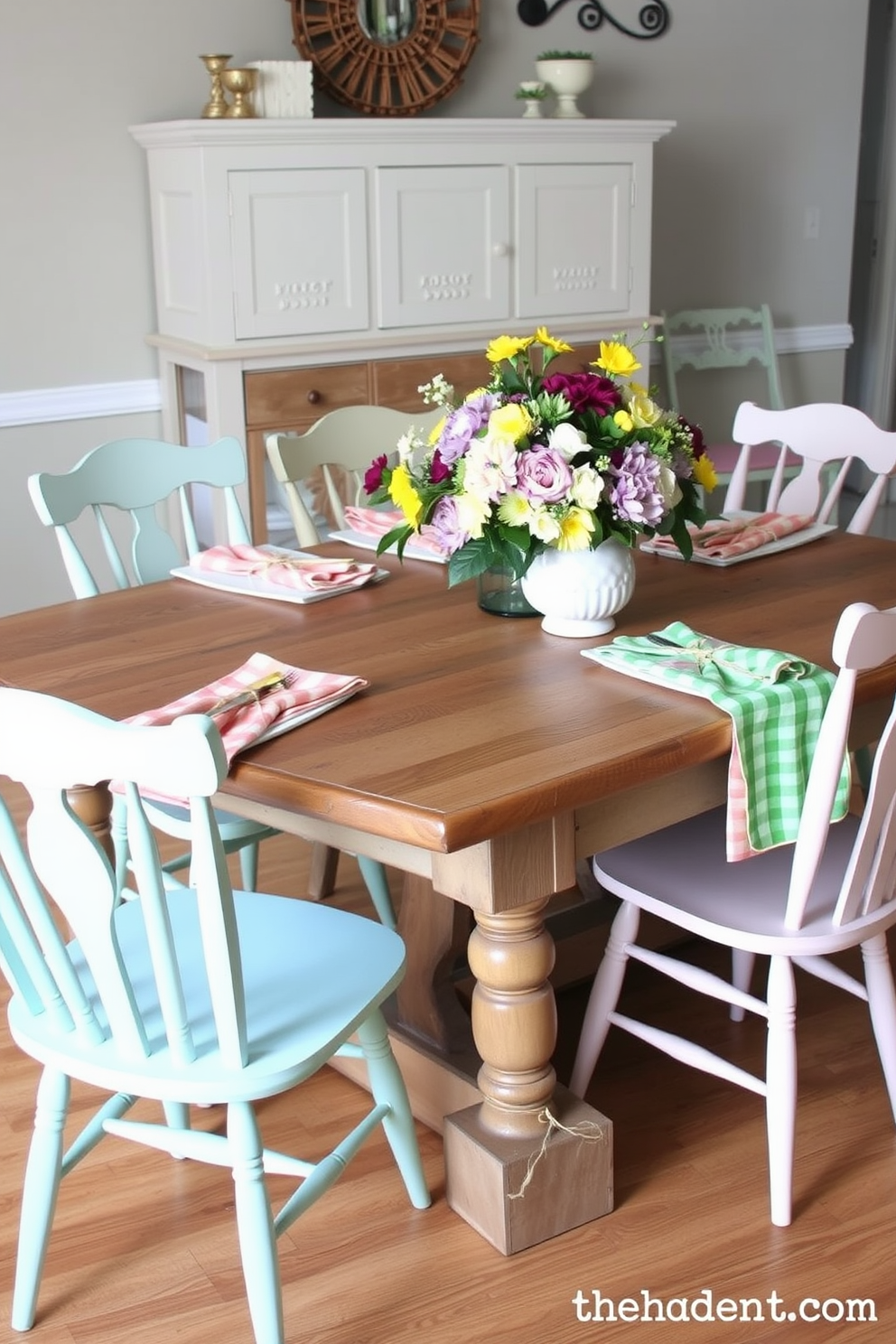 A charming spring dining room setting featuring a rustic wooden table adorned with colorful napkins tied with twine. Surrounding the table are mismatched chairs in pastel hues, and a vibrant floral centerpiece adds a cheerful touch to the scene.