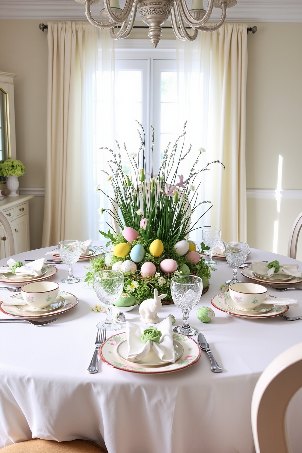 A charming Easter-themed dining room centerpiece features a beautifully arranged collection of pastel-colored eggs nestled in a bed of fresh spring flowers. The table is set with delicate white linens and soft green accents, creating a bright and inviting atmosphere for festive gatherings. Surrounding the centerpiece, elegant dinnerware complements the seasonal theme with floral patterns and soft hues. The room is illuminated by natural light streaming through sheer curtains, enhancing the overall freshness of the spring decor.