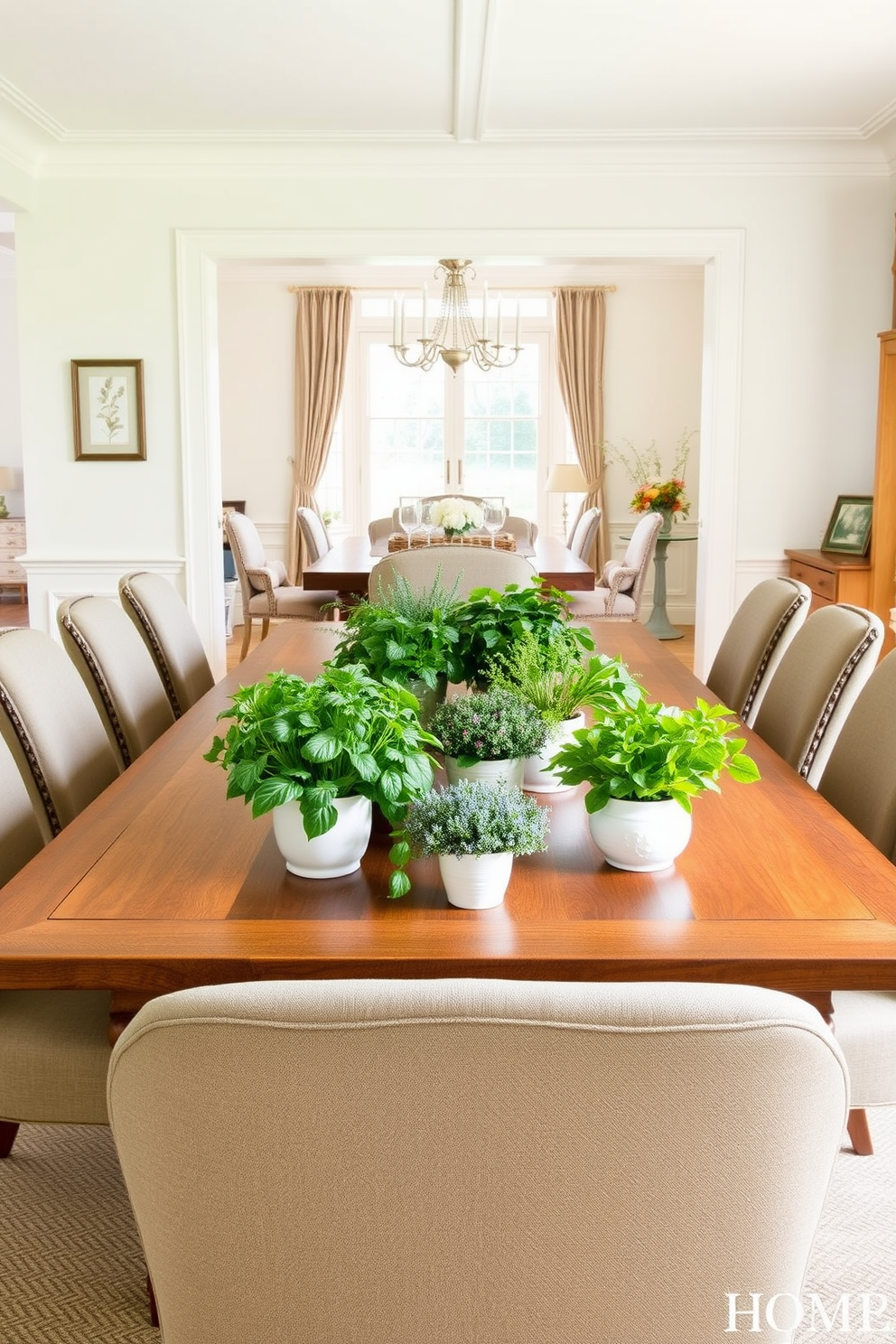 A bright and airy dining room features a large wooden table surrounded by elegant upholstered chairs. At the center of the table, potted herbs in various sizes add a fresh and vibrant touch, creating a lively atmosphere for spring gatherings. The walls are painted in a soft pastel hue, complementing the natural greenery of the herbs. Delicate tableware and seasonal floral accents enhance the overall decor, making the space inviting and perfect for entertaining.