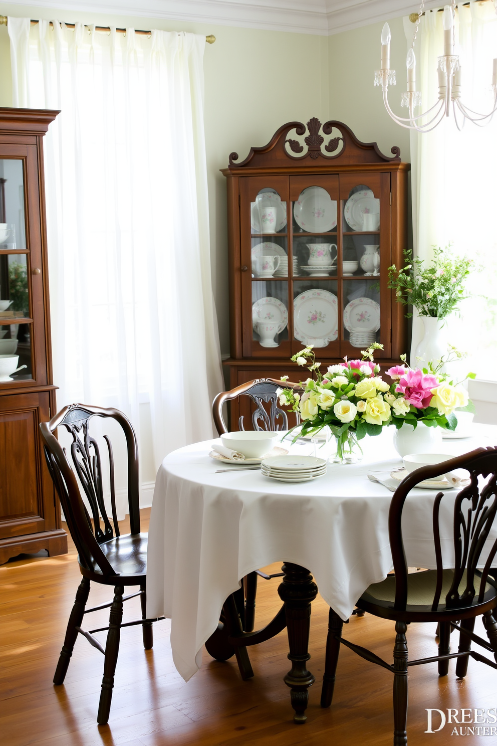 A charming spring dining room featuring a vintage china cabinet filled with delicate porcelain dishes and floral patterns. The table is set with a crisp white tablecloth, adorned with fresh seasonal flowers in a pastel color palette. Soft natural light filters through sheer curtains, illuminating the space and highlighting the elegant details of the room. Antique wooden chairs surround the table, creating a warm and inviting atmosphere perfect for gatherings.