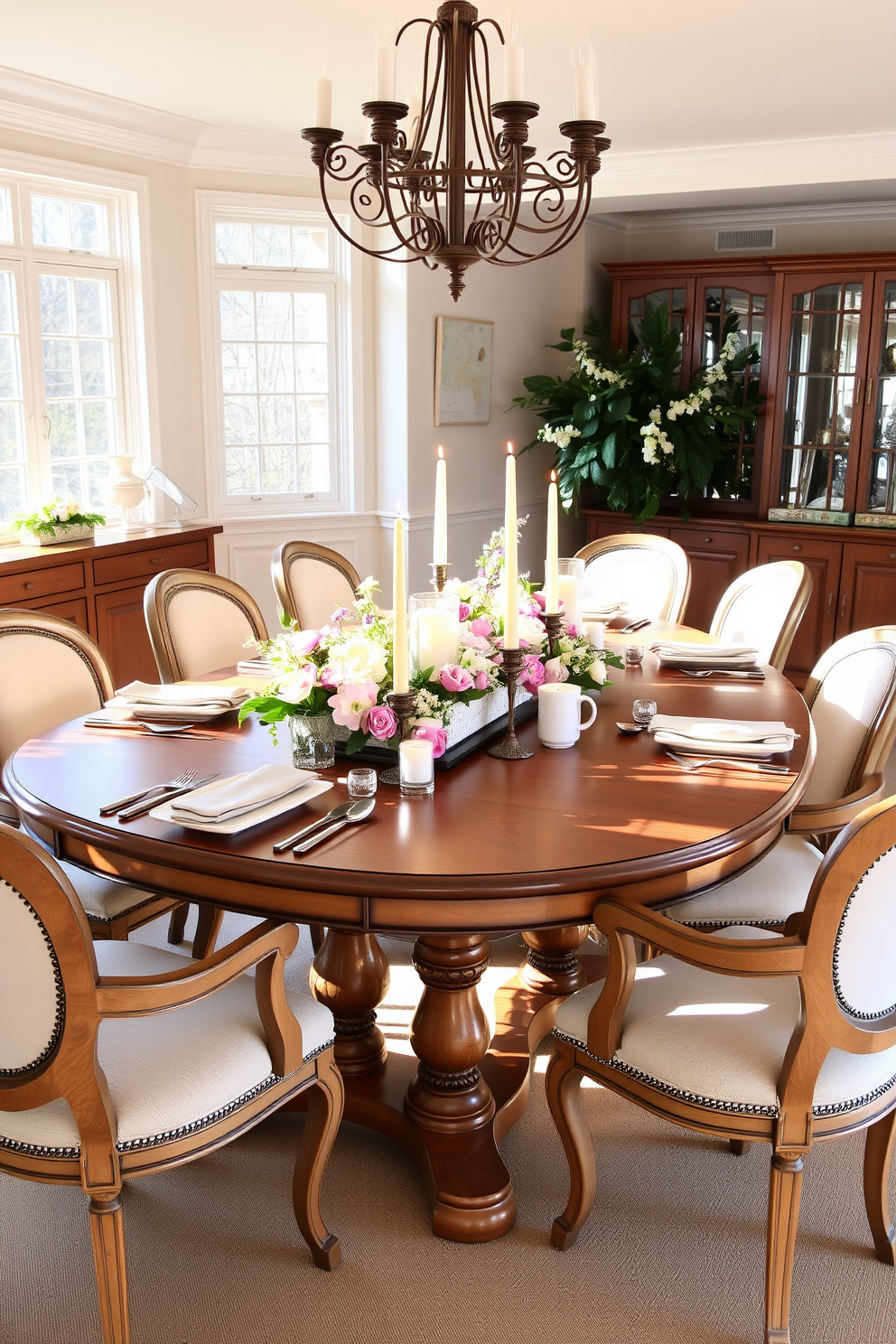 A bright and inviting dining room features a large wooden table set for a spring gathering. The table is adorned with elegant candle arrangements, surrounded by vibrant floral accents in pastel shades. Soft natural light floods the space through large windows, enhancing the cheerful atmosphere. Elegant dining chairs with plush cushions complement the table, creating a warm and welcoming environment.