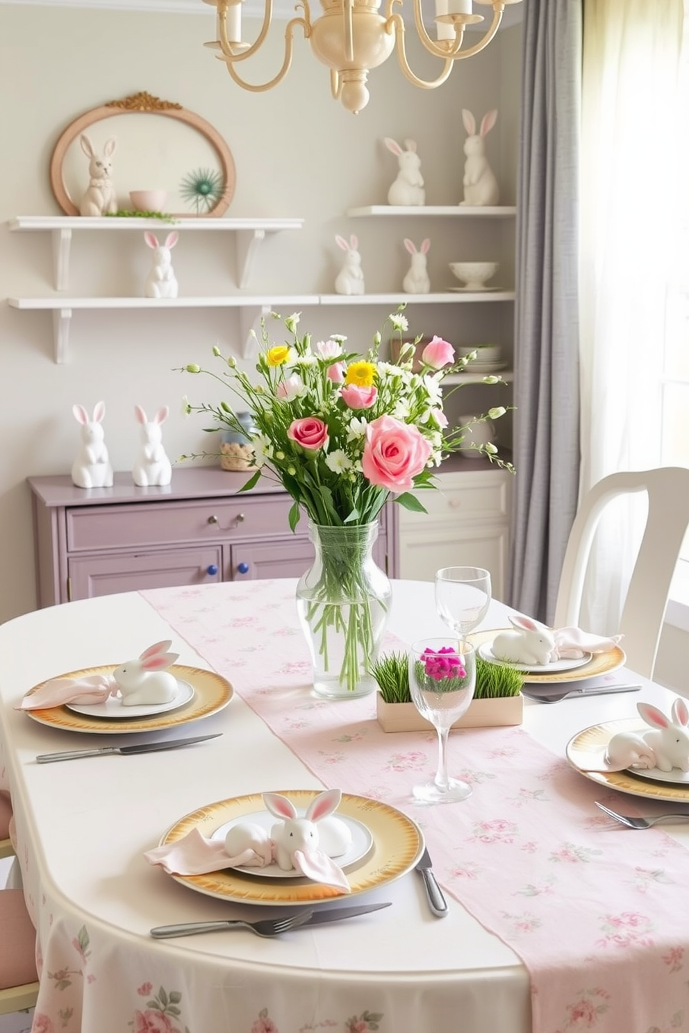 A cheerful dining room adorned with playful bunny figurines placed on the table and shelves. The space features a light pastel color palette with floral table linens and fresh spring flowers in a vase. The table is set with elegant dinnerware, complemented by bunny-themed napkin holders. Soft natural light filters in through sheer curtains, enhancing the inviting atmosphere of the room.