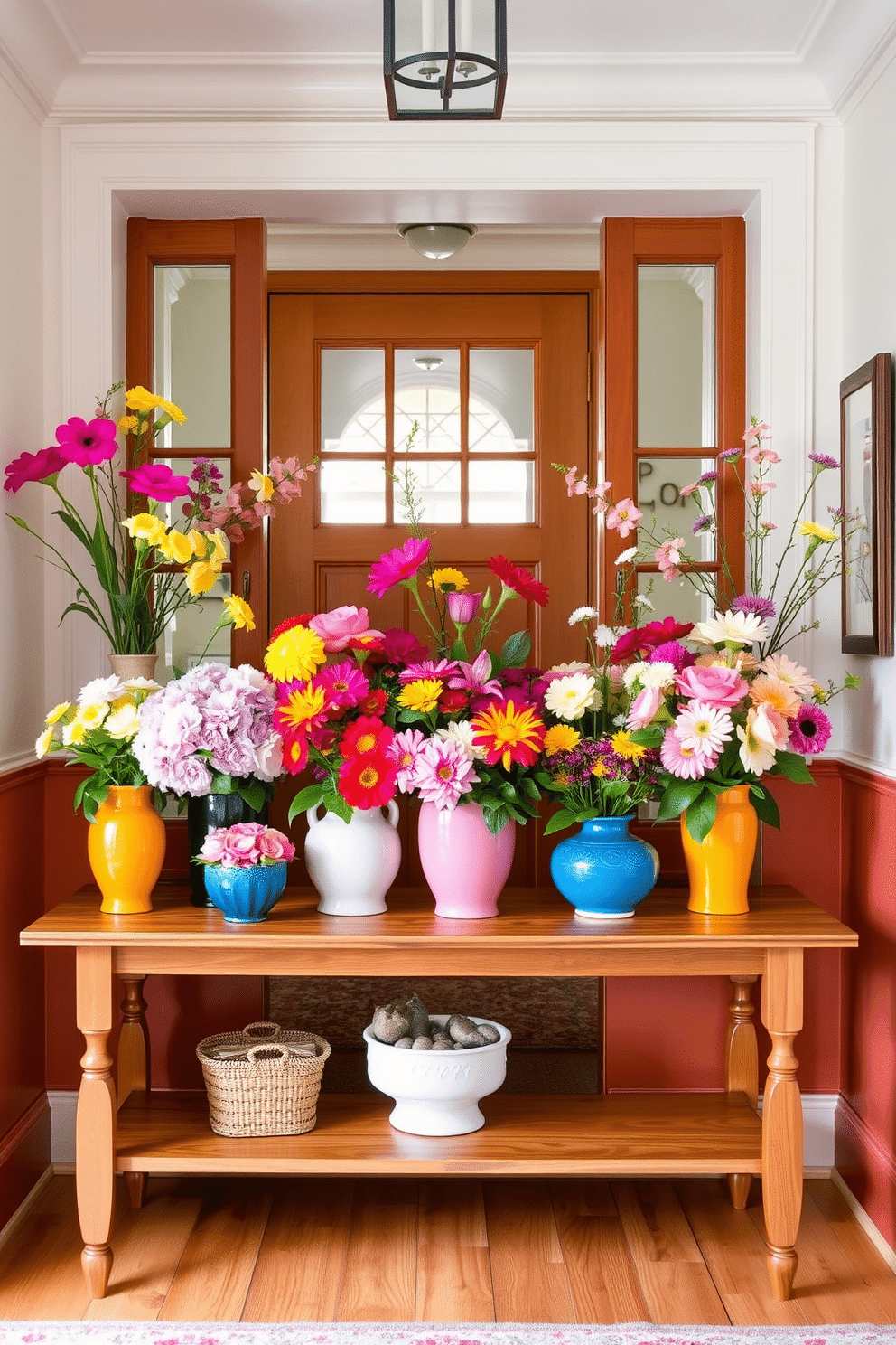 A bright and inviting entryway adorned with fresh flowers in vibrant vases. The space features a warm wooden console table topped with an array of colorful blooms in ceramic pots, creating a lively and welcoming atmosphere.