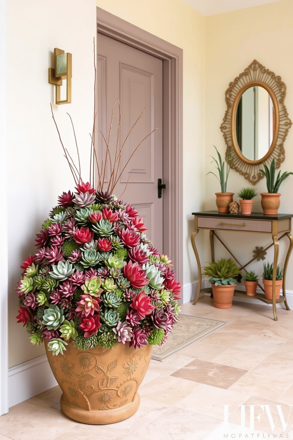 A vibrant entryway filled with succulent arrangements in various sizes and textures. A large, eye-catching planter sits by the door, showcasing an array of colorful succulents that welcome guests. The walls are adorned with light pastel shades to create a fresh and inviting atmosphere. A stylish console table is placed against the wall, decorated with small potted succulents and a decorative mirror above it.