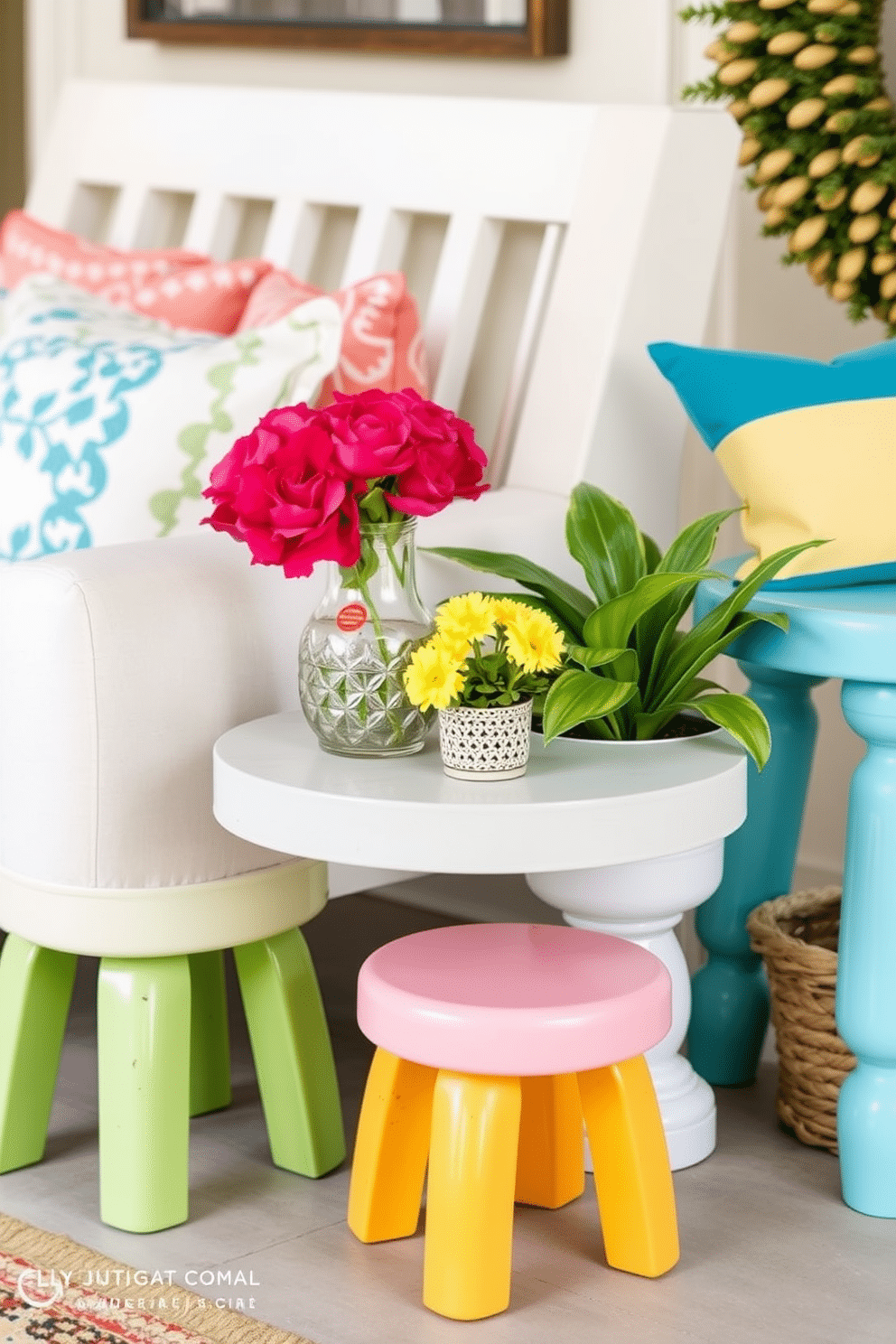 Charming garden stools as side tables create a playful yet elegant touch to any living space. These colorful stools can be paired with a variety of decor styles, adding a pop of color and a unique element to your design. Spring entryway decorating ideas should focus on fresh blooms and light colors to welcome the season. Incorporate pastel shades and natural materials to create a bright and inviting atmosphere for your entryway.