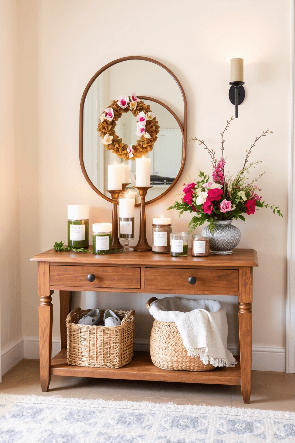 Create a welcoming entryway that embodies the essence of spring. Incorporate seasonal scented candles in various sizes on a wooden console table, surrounded by fresh flowers and greenery. Adorn the walls with light pastel colors to evoke a cheerful atmosphere. Add decorative elements like a woven basket for shoes and a soft, textured rug to enhance comfort.