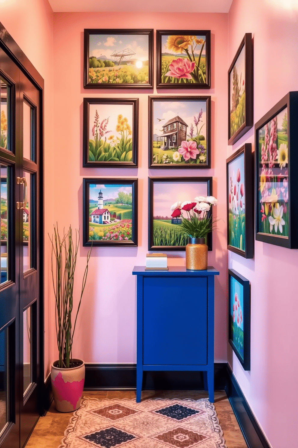 A vibrant entryway adorned with colorful framed prints depicting lively spring scenes. The prints are arranged in a gallery style on a light pastel wall, creating a cheerful and inviting atmosphere.