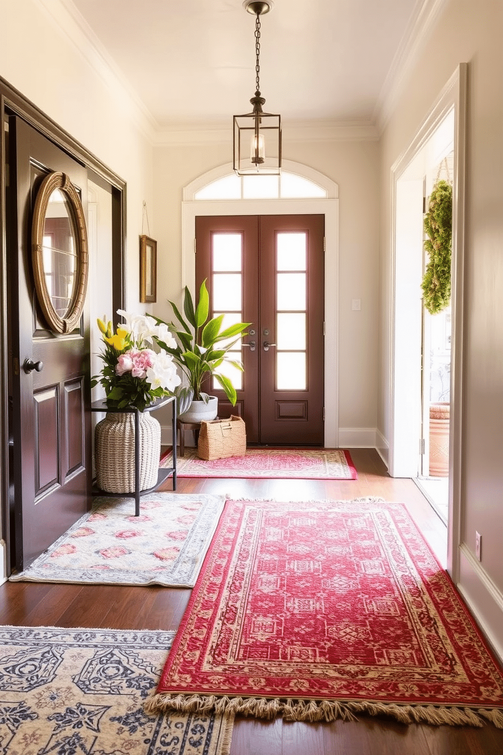 Layered rugs create a cozy and inviting atmosphere in the entryway. The combination of different textures and patterns adds depth and warmth to the space. Incorporate fresh flowers and greenery to enhance the spring vibe. Brightly colored accessories and light fabrics can further brighten the entryway for a cheerful welcome.