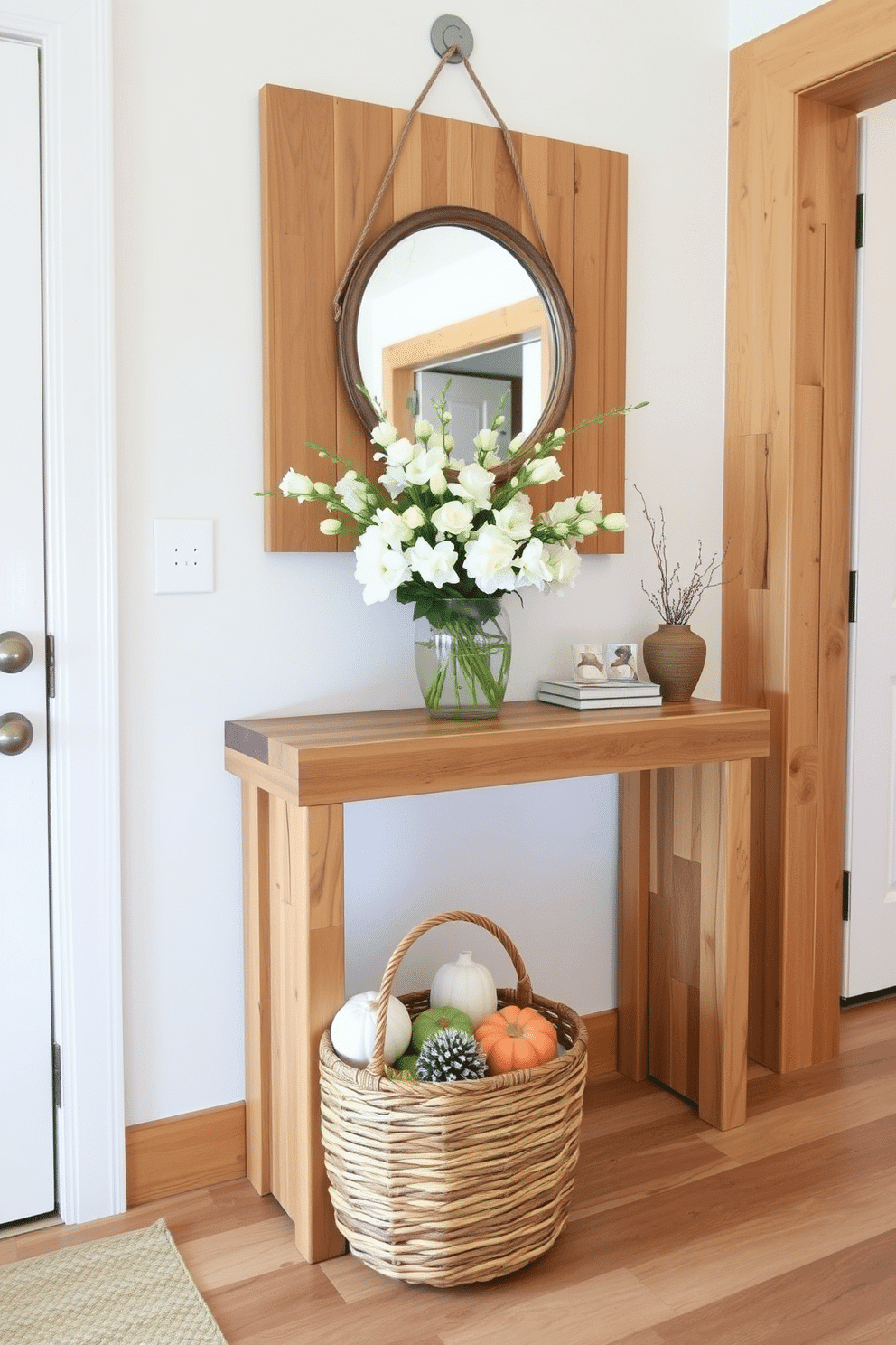 Natural wood accents create a warm and inviting atmosphere in the entryway. A console table made of reclaimed wood is adorned with a vase of fresh spring flowers and a decorative mirror above it. Soft, pastel colors on the walls complement the natural wood elements. A woven basket filled with seasonal decor sits on the floor, adding texture and charm to the space.