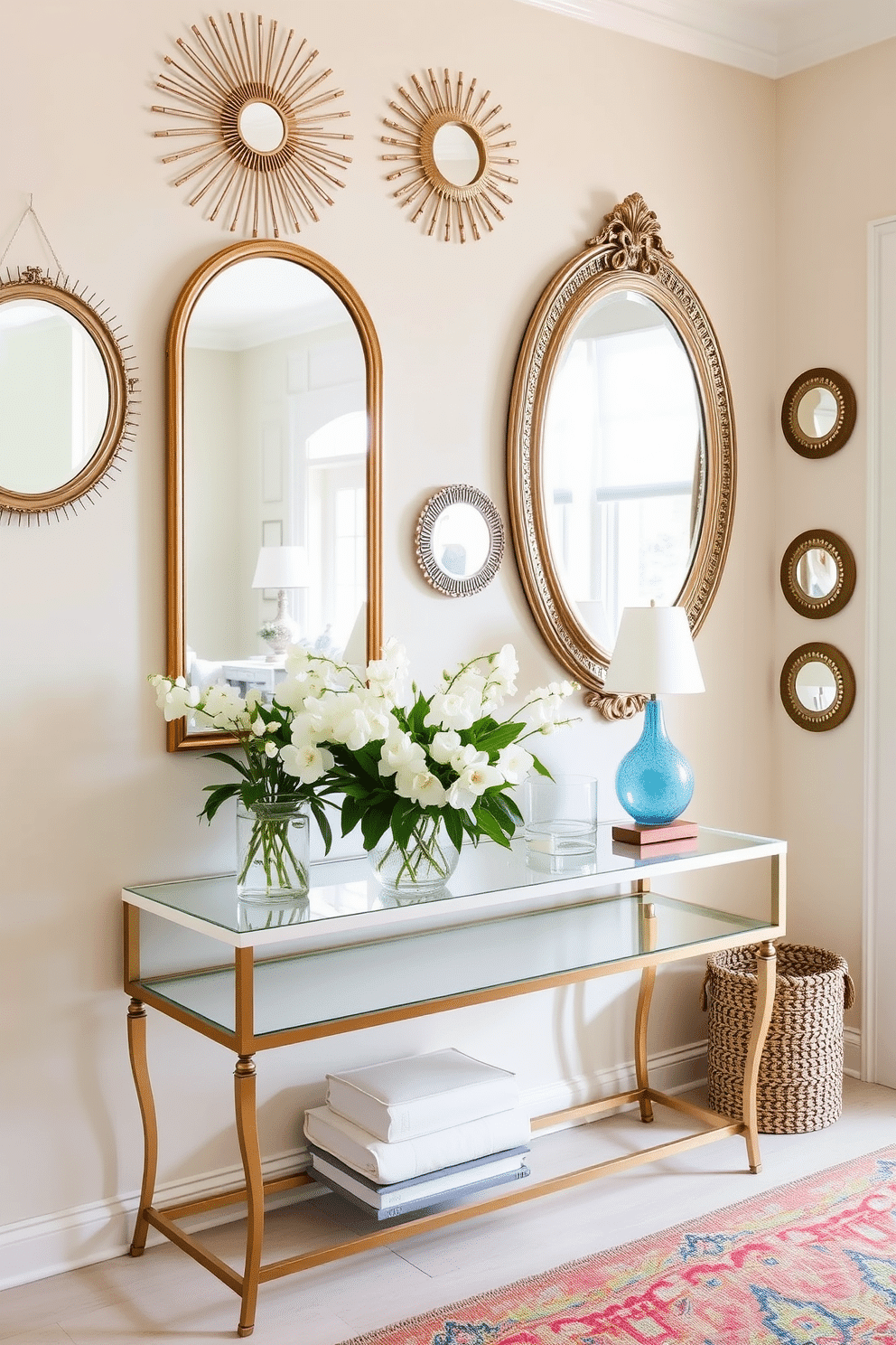 A bright and inviting entryway adorned with decorative mirrors that reflect natural light. The walls are painted in a soft pastel hue, and a stylish console table holds a vase of fresh spring flowers.