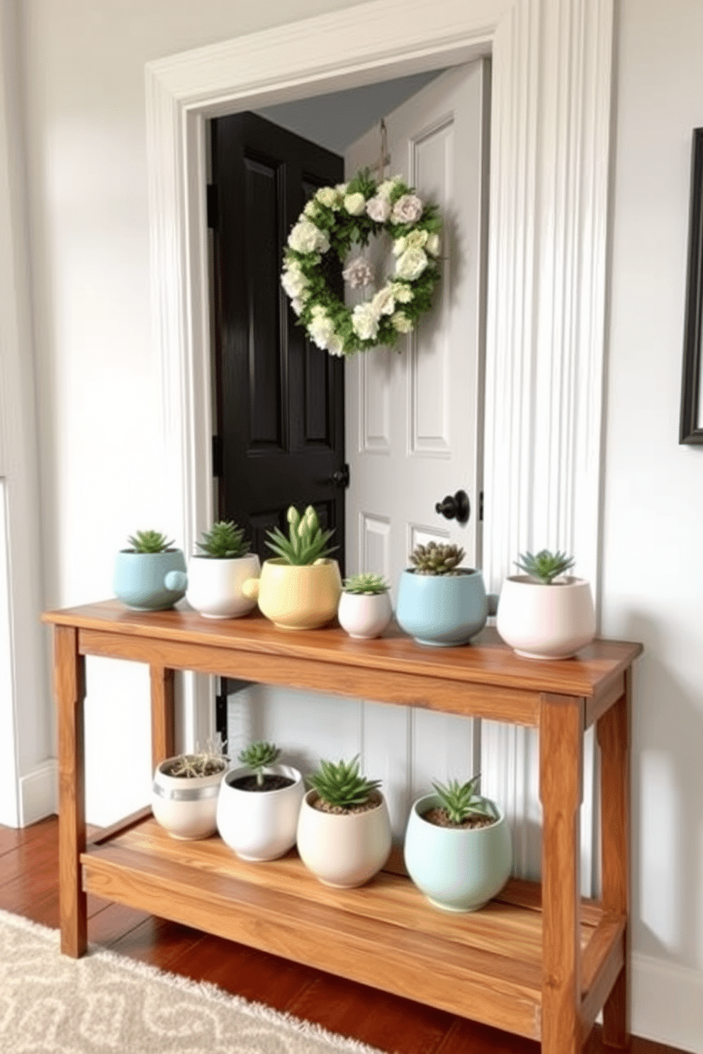 Cute ceramic planters in various pastel colors are arranged on a wooden console table in the entryway. Each planter holds a small, vibrant plant, adding a touch of greenery and freshness to the space. The entryway features a cheerful spring theme with a light floral wreath hanging on the door. A soft, patterned rug complements the decor, creating a warm and inviting atmosphere for guests.