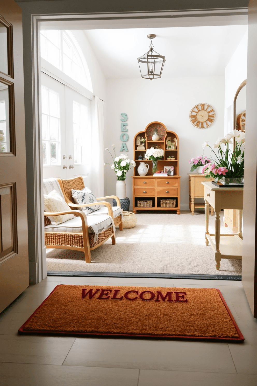 A pastel colored welcome mat is placed at the entrance, inviting guests into a cheerful and bright space. The entryway features soft floral accents and light wood furniture to enhance the spring theme.