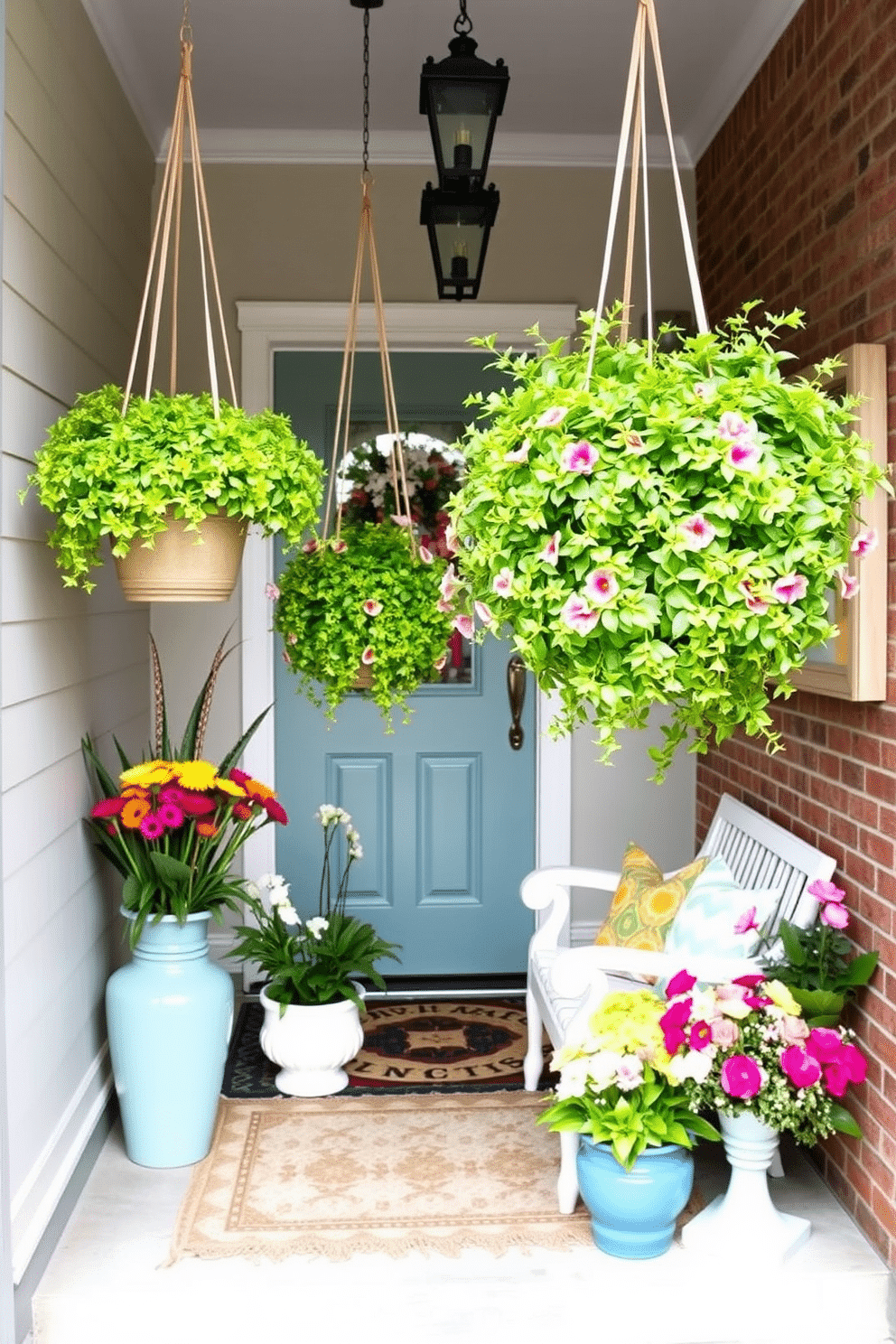 Hanging planters filled with vibrant greenery create a lively focal point in the entryway. The planters are suspended at varying heights, adding depth and a touch of nature to the space. The entryway is adorned with fresh flowers and colorful accents that reflect the spirit of spring. A welcoming mat and light-colored decor pieces enhance the bright and airy atmosphere.