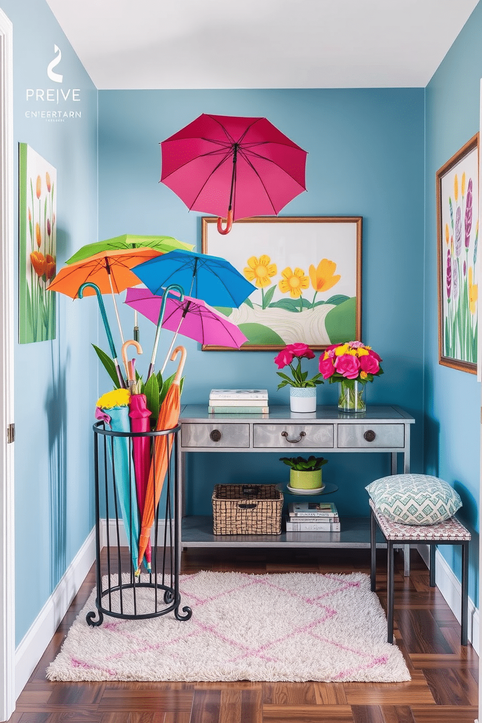 Brightly colored umbrellas are playfully arranged in a stylish umbrella stand at the entrance. The walls are adorned with cheerful spring-themed artwork, creating a vibrant and welcoming atmosphere. A soft, patterned rug lies beneath the umbrella stand, adding warmth to the entryway. Potted flowers in bright hues are placed on a console table, enhancing the lively spring decor.