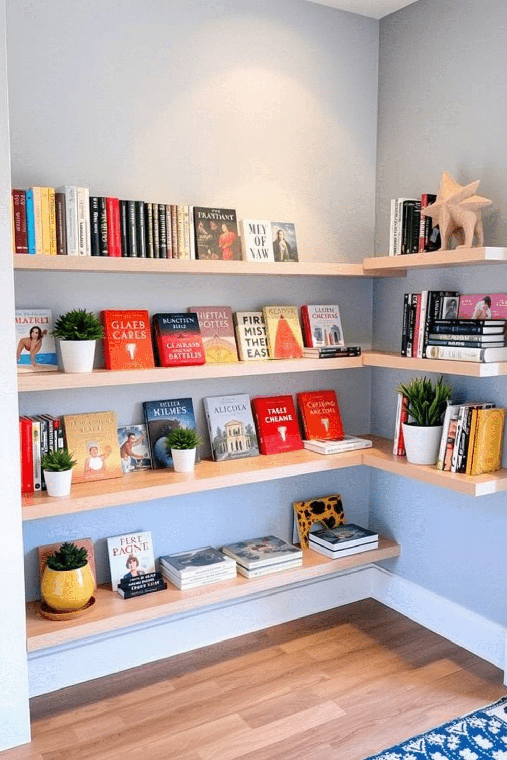 A bright and inviting entryway adorned with seasonal books displayed on stylish shelves. The shelves are made of light wood and are filled with an array of colorful books, complemented by small potted plants and decorative objects.