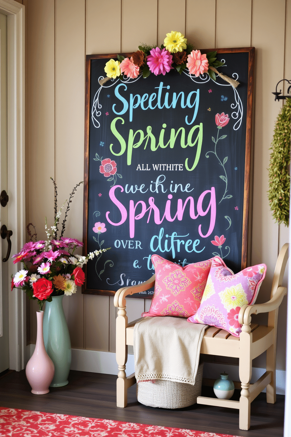 A charming entryway features a large chalkboard sign adorned with cheerful spring greetings in vibrant colors. Surrounding the sign are fresh flowers in pastel vases, and a cozy bench with colorful cushions invites guests to sit and enjoy the seasonal decor.