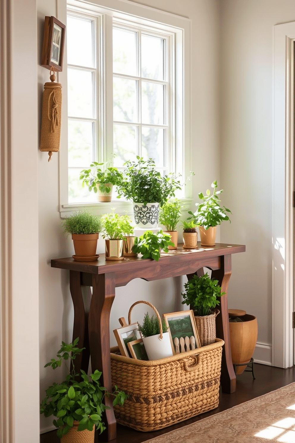 A charming entryway filled with natural light. A wooden console table is adorned with potted herbs in varying sizes, bringing a fresh touch to the space. The walls are painted in a soft pastel hue, complementing the greenery of the herbs. A woven basket sits on the floor, holding additional plant pots and seasonal decor items.