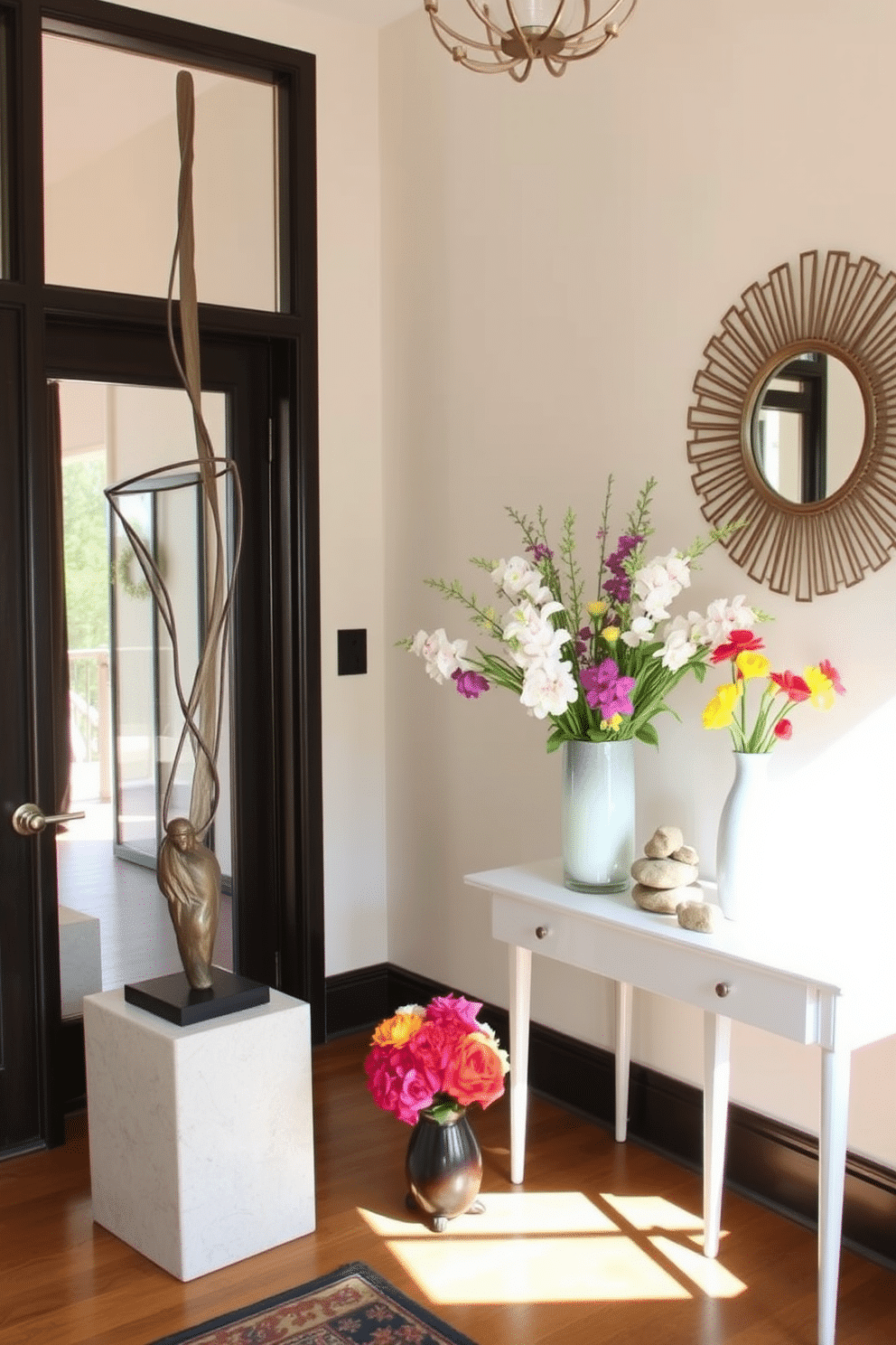 A stunning entryway adorned with artistic sculptures that create a welcoming atmosphere. The space features a large abstract sculpture made of metal, positioned on a pedestal near the door, complemented by smaller stone sculptures on a console table. Bright spring decor elements such as fresh flowers in vibrant vases add a touch of color to the entryway. A stylish mirror with a decorative frame hangs on the wall, reflecting the beauty of the sculptures and floral arrangements.