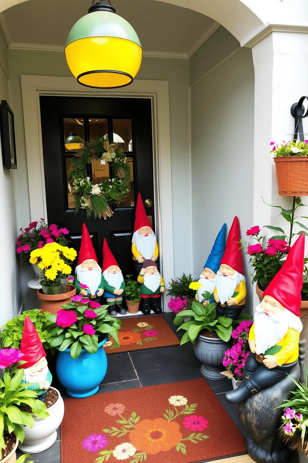 A whimsical entryway adorned with colorful garden gnomes brings a playful touch to the Spring season. The gnomes, each uniquely painted, are strategically placed among vibrant potted flowers and greenery, creating a cheerful and inviting atmosphere. A charming welcome mat with a floral design complements the gnome display, enhancing the overall theme. Soft pastel colors on the walls and a bright, sunny light fixture add to the joyful ambiance of the entryway.