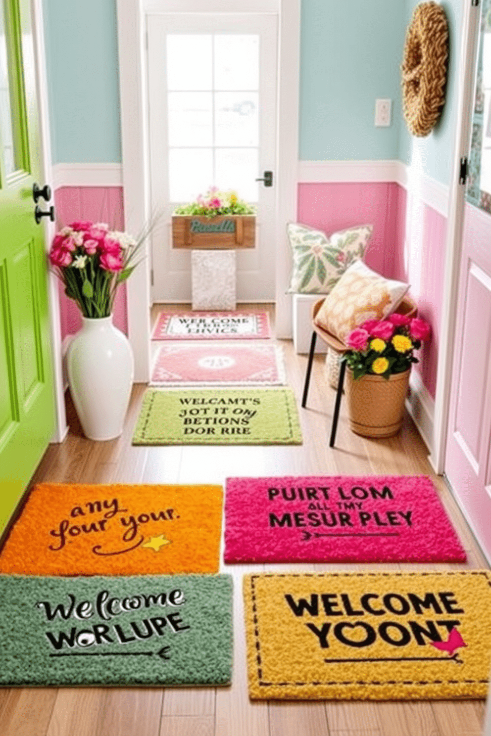 Colorful door mats with fun sayings welcome guests with a vibrant touch. The entryway features a mix of bright colors and playful designs that set a cheerful tone for the home. Incorporate seasonal elements like fresh flowers and decorative accents to enhance the spring theme. A small bench or chair provides a cozy spot to put on shoes while complementing the lively decor.