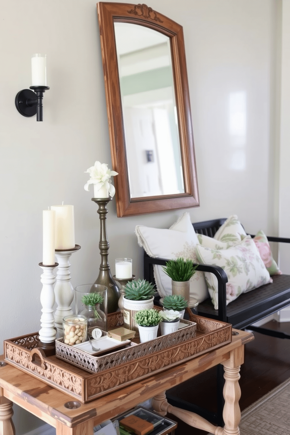 Vintage trays for organizing small items. A collection of ornate wooden trays in varying sizes is displayed on a rustic console table, each holding decorative objects like candles, small potted plants, and personal mementos. Spring entryway decorating ideas. The entryway features a fresh color palette of pastel hues, with a stylish bench adorned with floral cushions and a large mirror framed in natural wood, creating an inviting atmosphere.