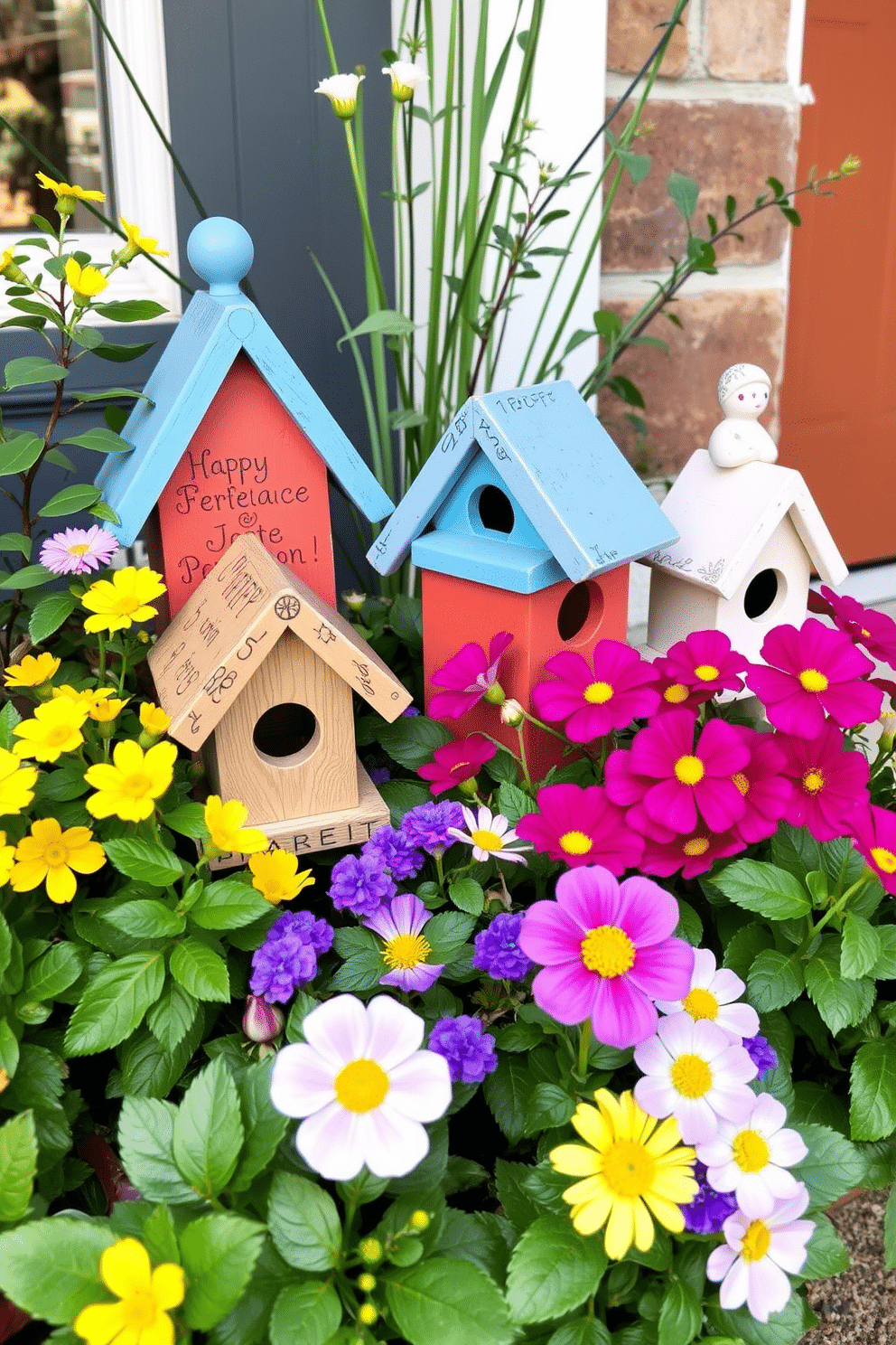 Decorative birdhouses are nestled among vibrant spring flowers, adding a whimsical touch to the entryway. The birdhouses are painted in cheerful colors, complementing the fresh greenery and inviting guests into a warm and charming space.