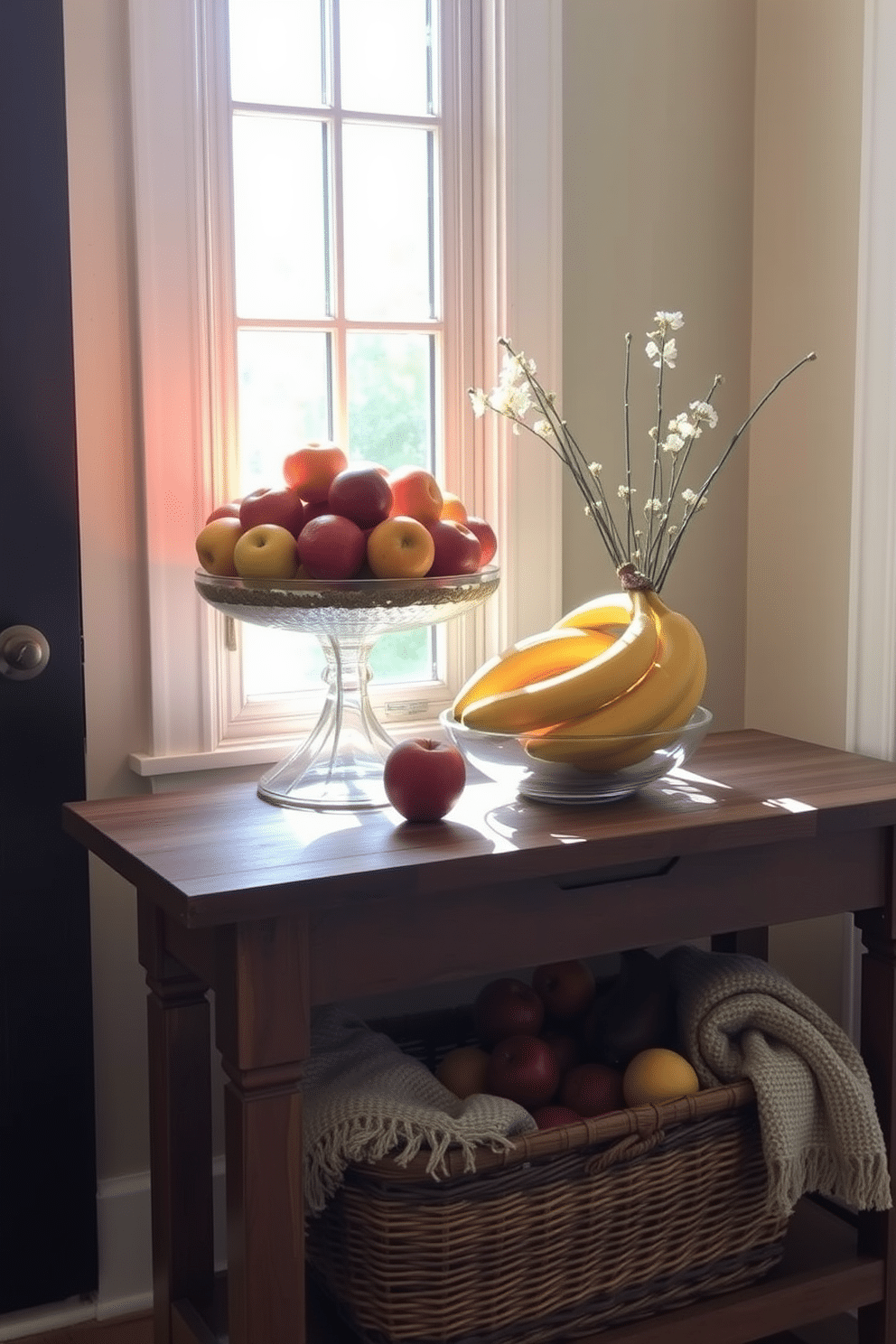 A fresh fruit bowl filled with vibrant apples, oranges, and bananas sits on a rustic wooden table in the entryway. The natural light streaming in from the nearby window enhances the colorful display, creating an inviting atmosphere. To complement the fruit bowl, a simple vase with fresh flowers rests beside it, adding a touch of elegance. A woven basket underneath the table holds extra fruits and cozy blankets, perfect for welcoming guests.