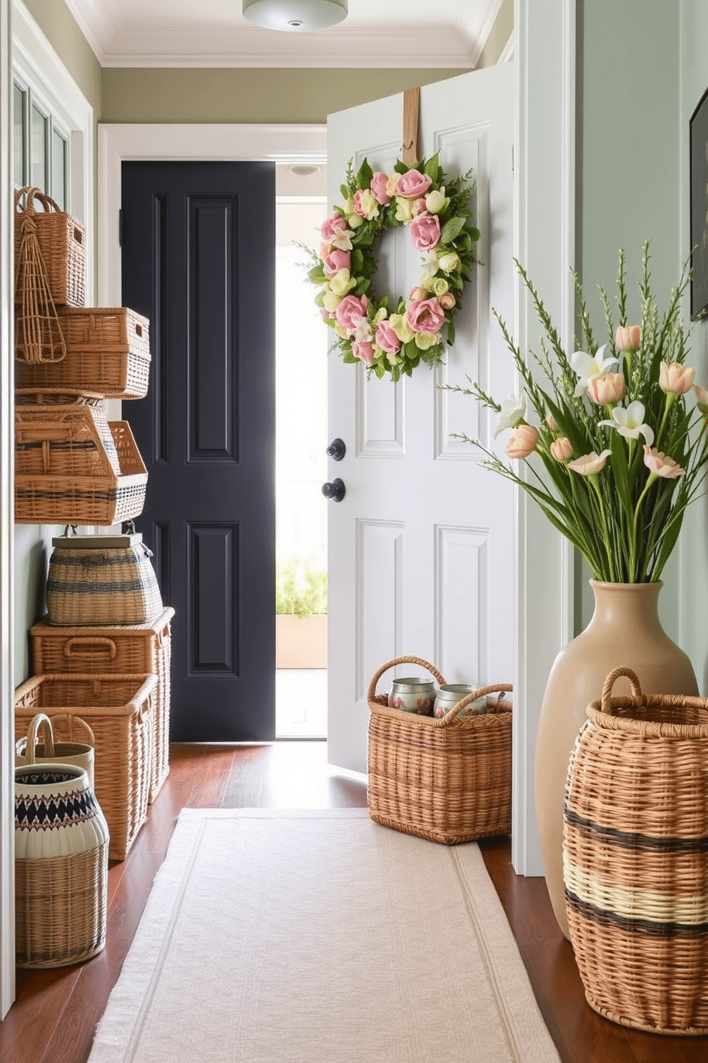 A welcoming entryway adorned with woven baskets that serve both storage and decorative purposes. The baskets are arranged neatly by the door, showcasing a mix of natural fibers and vibrant colors, adding warmth and texture to the space. Fresh spring decor brightens the entryway with pastel flowers in a ceramic vase and a soft, patterned runner on the floor. A cheerful wreath made of seasonal blooms hangs on the door, inviting guests into a vibrant and stylish home.