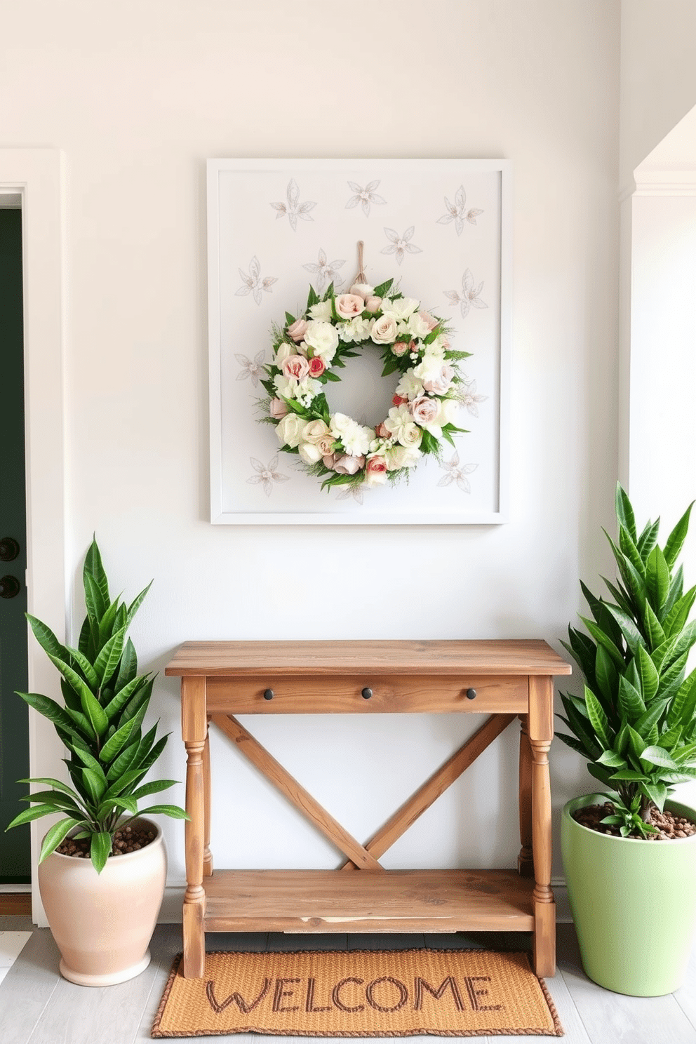 Lightweight spring-themed wall art featuring delicate floral patterns in pastel colors. The artwork is framed in a simple white frame and hangs above a rustic wooden console table. Spring entryway decorating ideas include a vibrant green welcome mat and potted plants on either side of the door. A cheerful wreath made of fresh flowers adorns the front door, inviting guests into a bright and airy space.