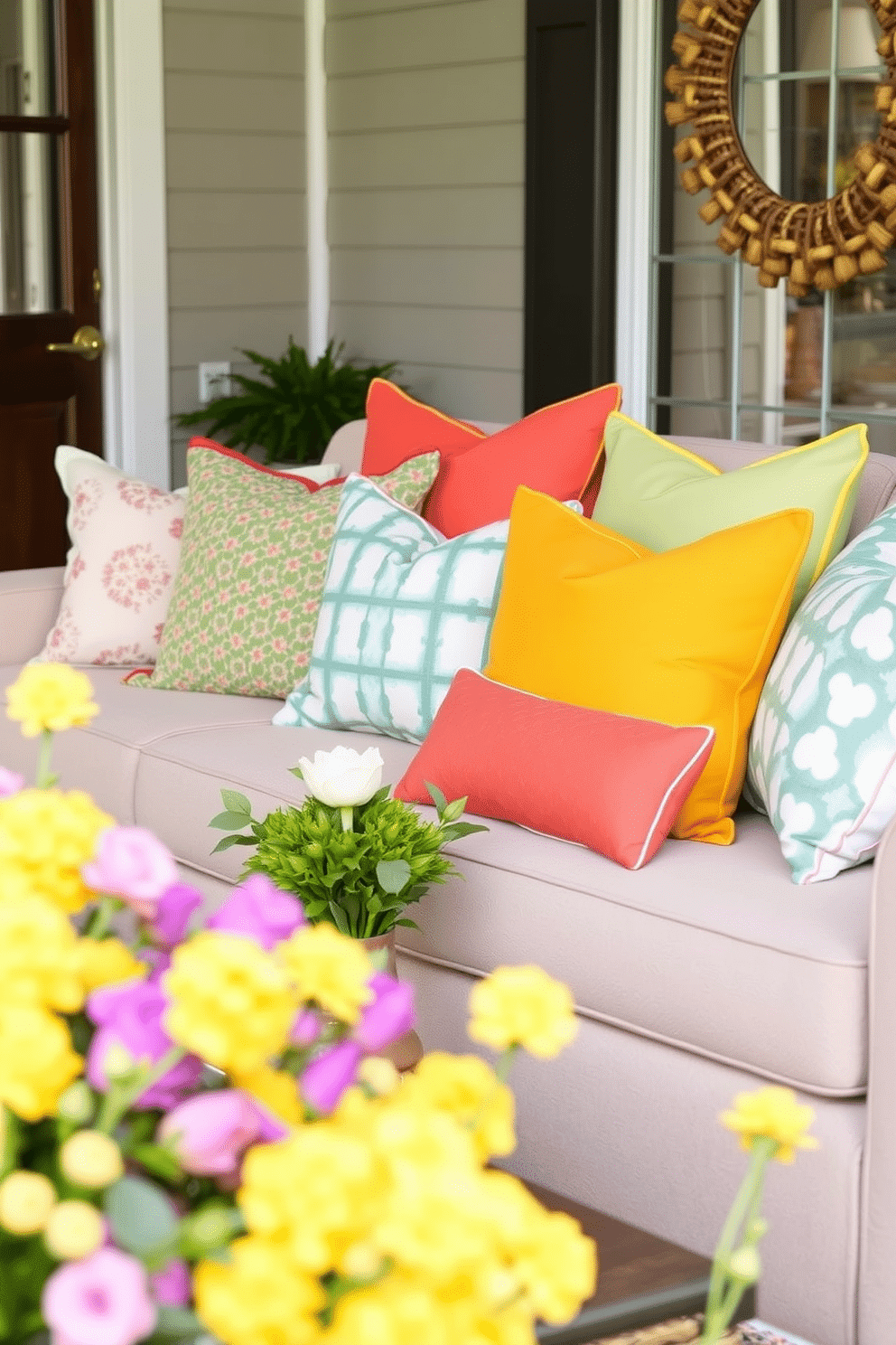 Brightly colored throw pillows add a vibrant touch to any living space. Arrange an assortment of pillows in various sizes and patterns on a neutral sofa to create a lively focal point. Spring entryway decorating ideas can transform your home’s entrance into a welcoming oasis. Use fresh flowers, a cheerful welcome mat, and light, airy decor to evoke the essence of the season.