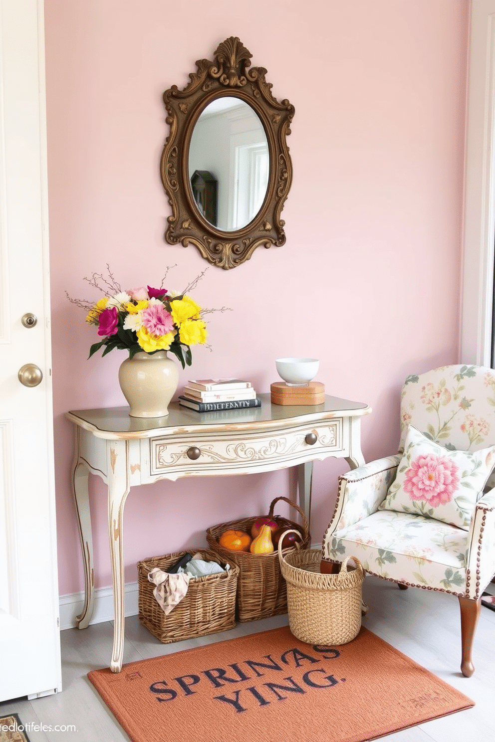 A vintage console table is positioned against a soft pastel wall, adorned with a decorative mirror above it. Fresh flowers in a ceramic vase sit on the table, complemented by a few stylish books and a small decorative bowl. To the side, a cozy armchair with a floral pattern invites guests to linger, while a woven basket filled with seasonal items rests underneath. A cheerful doormat welcomes visitors, enhancing the overall charm of the spring entryway.