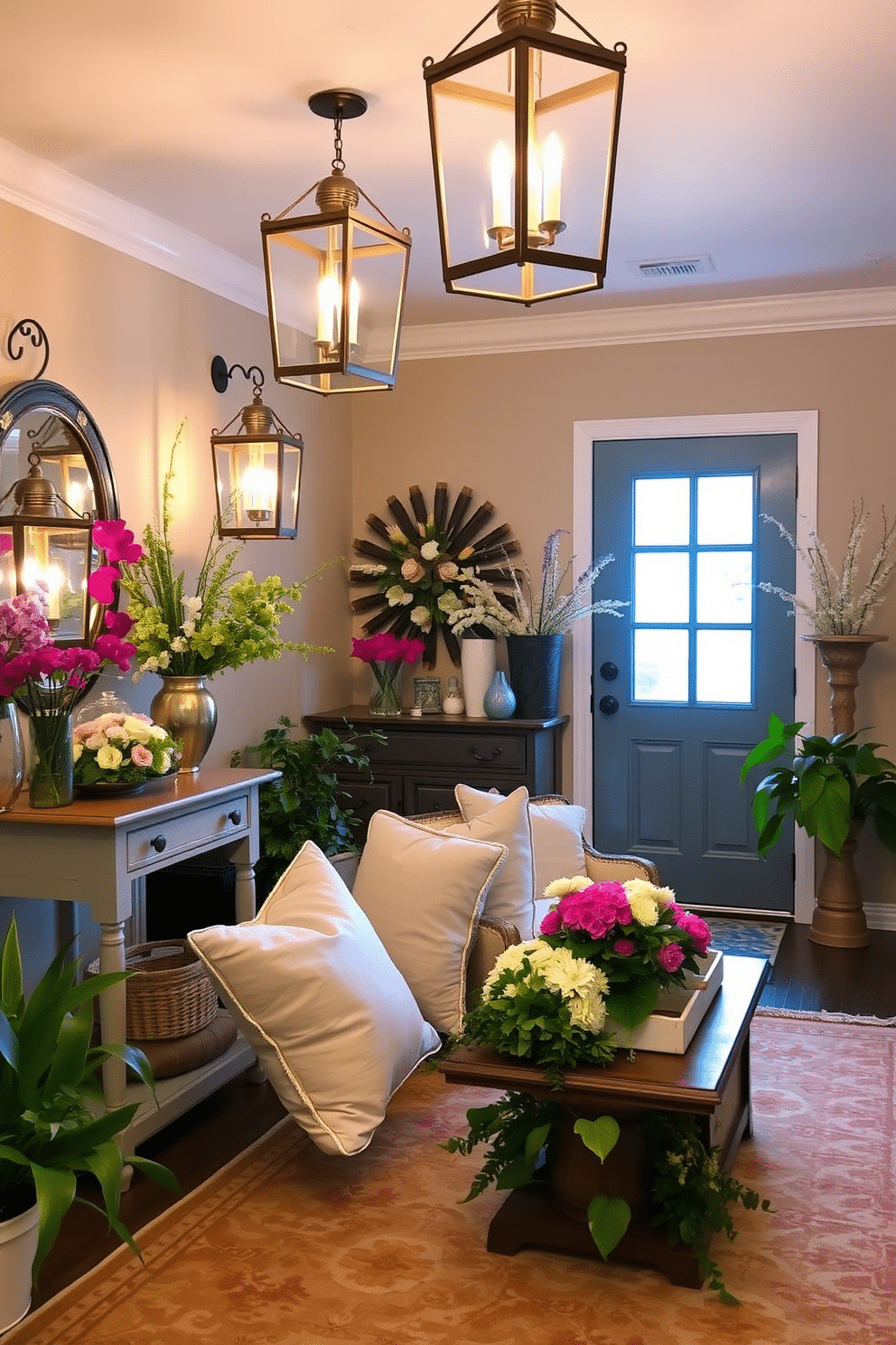 Elegant lanterns cast a warm glow in a beautifully arranged entryway. The space features a mix of fresh flowers and greenery, creating a vibrant and inviting atmosphere. Spring decor elements include pastel-colored cushions and a stylish rug that complement the lanterns. A decorative console table showcases a collection of seasonal accents, enhancing the overall charm of the entryway.