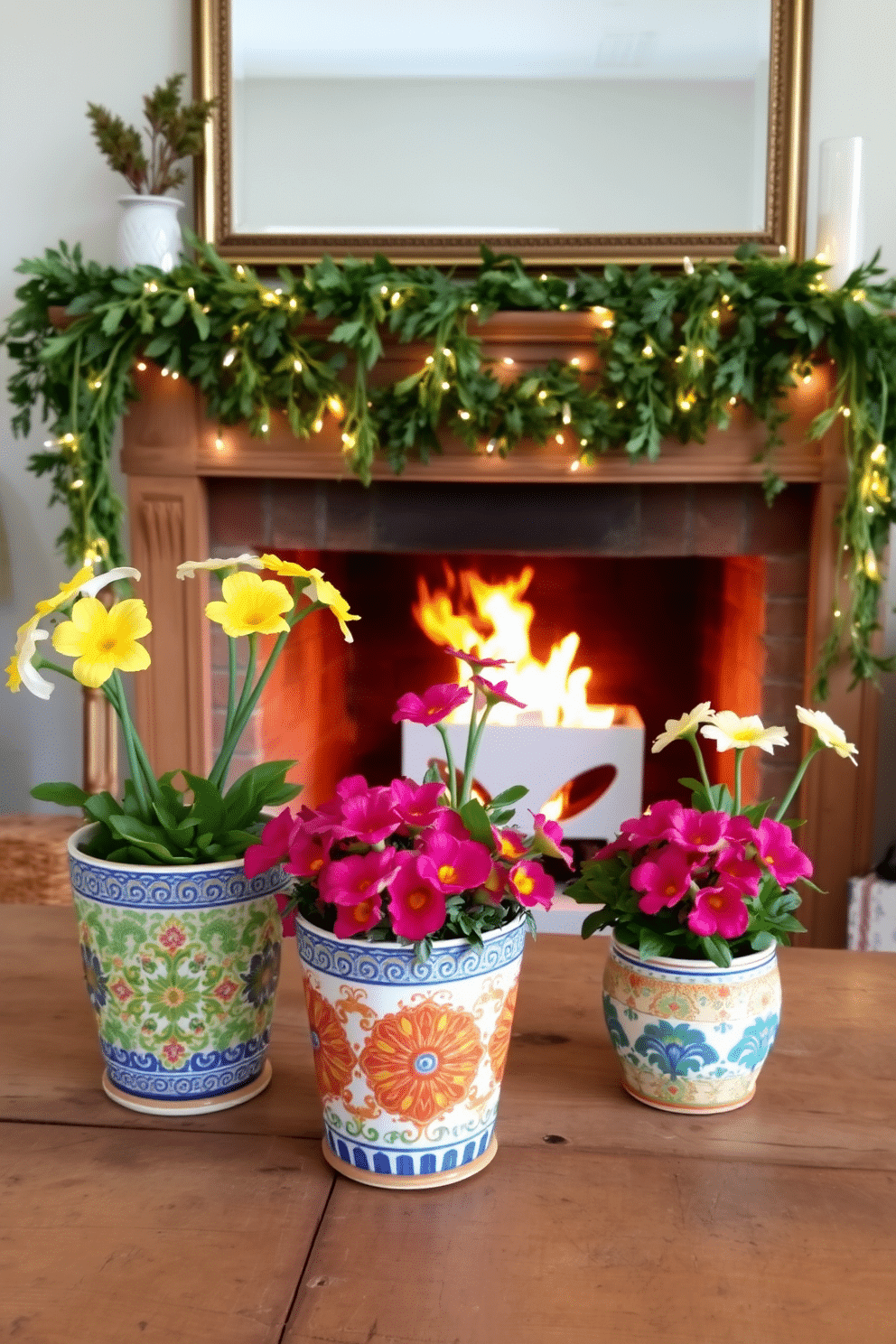 Brightly colored ceramic pots filled with vibrant flowers are arranged on a rustic wooden table. The pots feature intricate patterns and a mix of colors, adding a cheerful touch to the spring decor. A cozy fireplace is adorned with seasonal decorations, including garlands of fresh greenery and delicate fairy lights. Above the mantel, a large mirror reflects the warmth of the fire, creating an inviting atmosphere for spring gatherings.