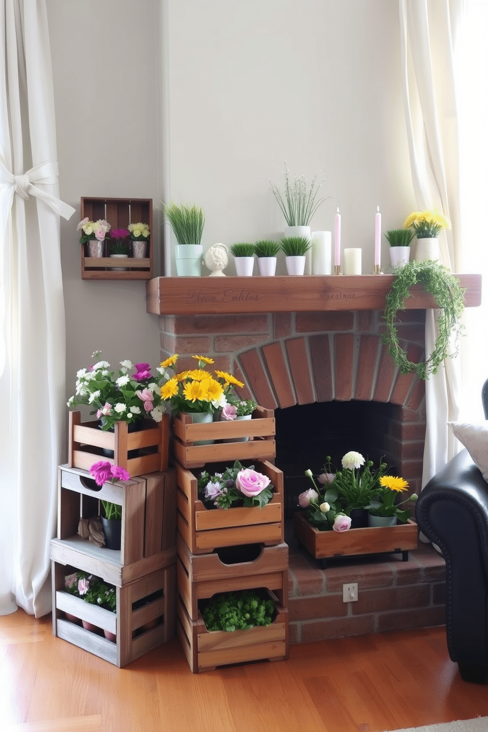 A cozy living room scene featuring a rustic fireplace adorned with spring-themed decorations. Wooden crates of varying sizes are stacked beside the fireplace, filled with colorful flowers and greenery for a layered look. The mantel is decorated with pastel-colored candles and small potted plants, creating a fresh and inviting atmosphere. Light curtains flutter gently in the breeze, allowing natural light to fill the room and highlight the vibrant decor.