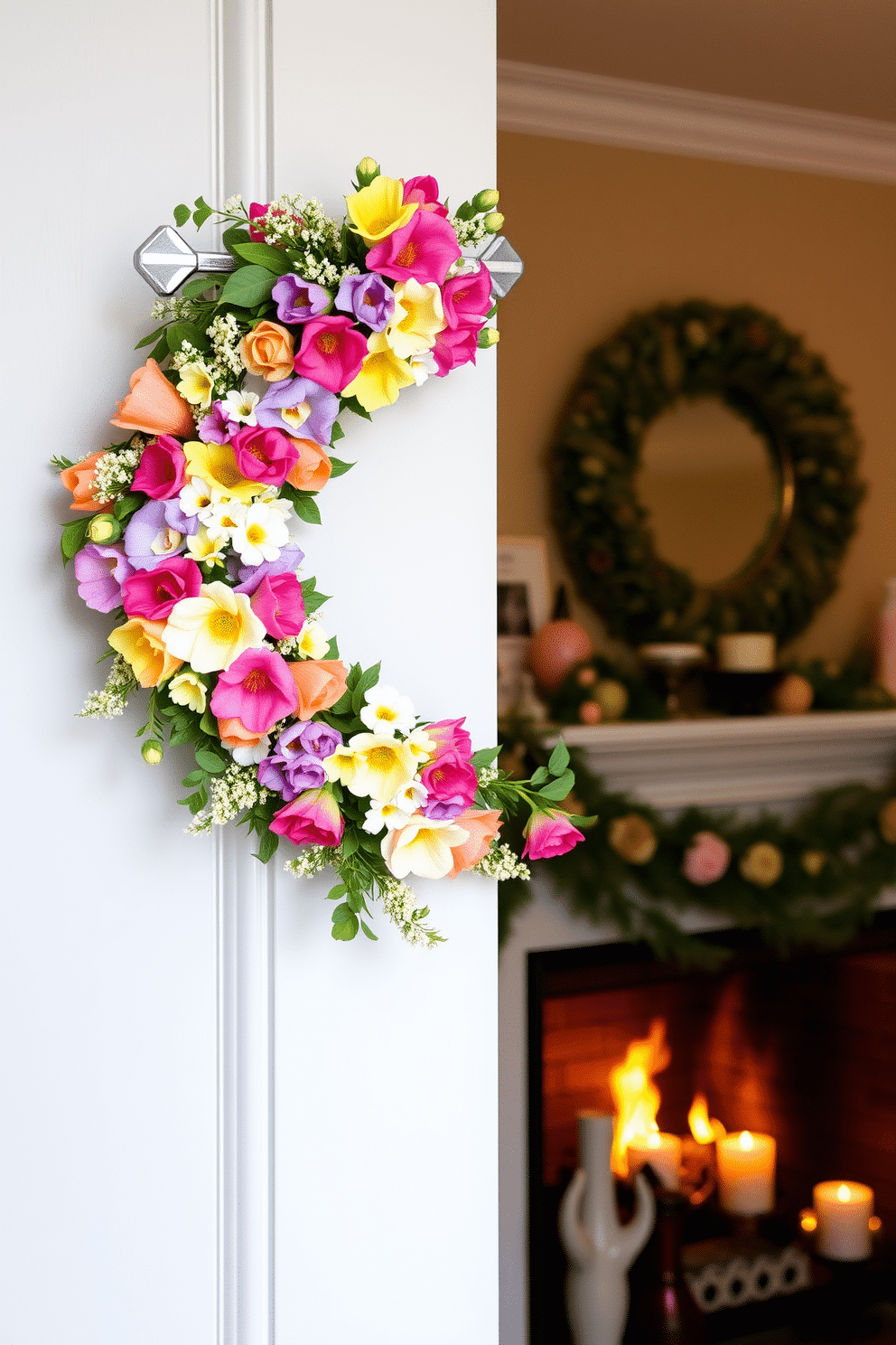 A beautiful spring wreath made of colorful blooms hangs gracefully on the door. The vibrant flowers create a cheerful welcome, embodying the essence of the season. The fireplace is elegantly adorned with seasonal decorations. Fresh greenery and pastel accents complement the warm glow of the fire, creating a cozy and inviting atmosphere.