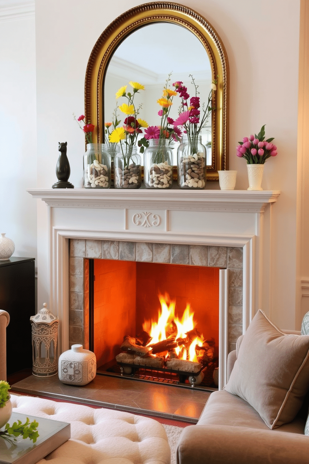 A cozy living room setting features a stylish fireplace adorned with a beautiful mantel. On the mantel, glass jars filled with pebbles and colorful flowers create a charming focal point. The fireplace itself is framed with elegant stonework, enhancing the warm ambiance of the room. Soft, plush seating arrangements invite relaxation, while decorative accents add a touch of spring freshness.