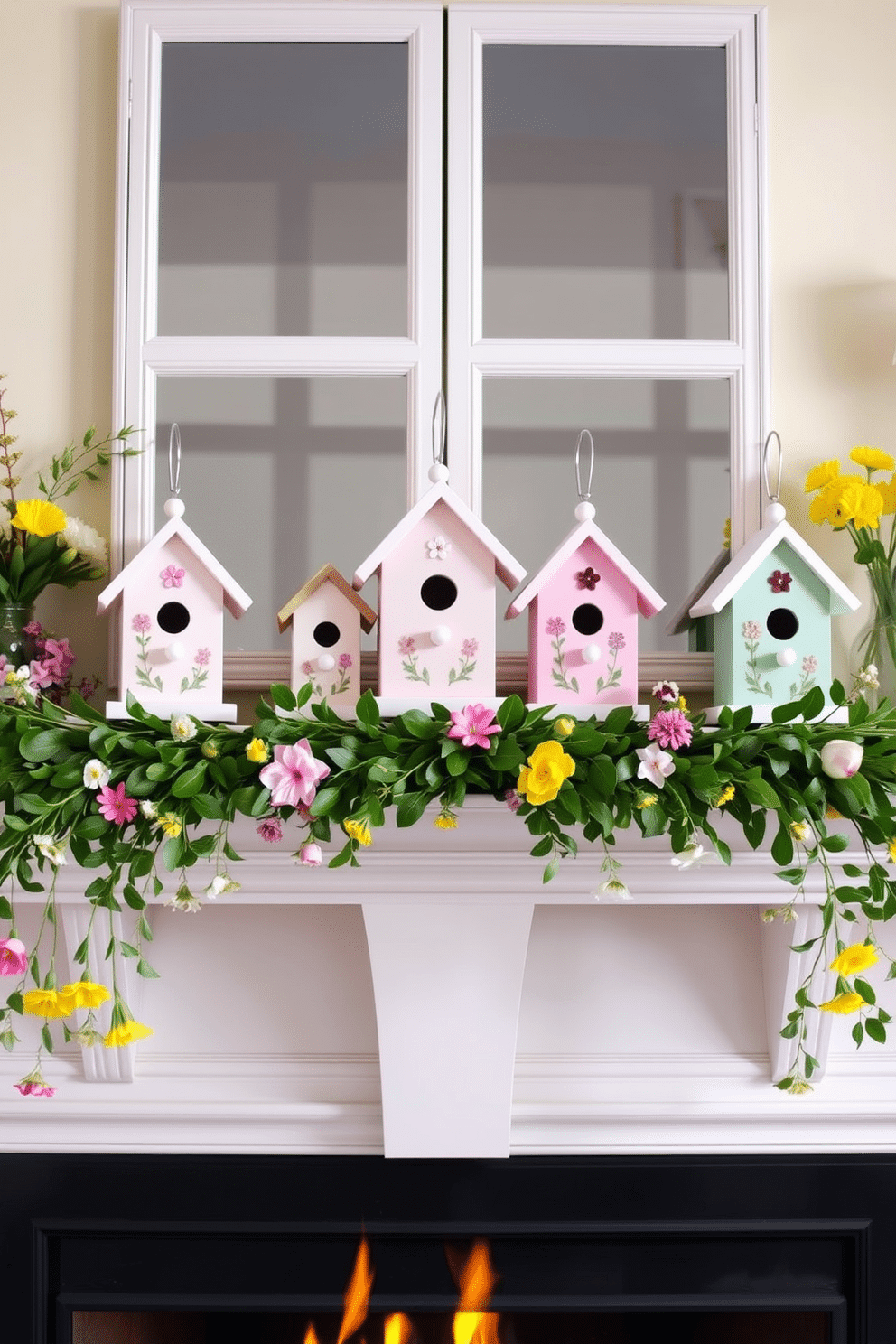 Charming birdhouses are arranged on the mantel, each painted in pastel colors and adorned with delicate floral patterns. They bring a whimsical touch to the spring-themed decor, complementing the natural elements of the season. The fireplace is framed with fresh greenery and seasonal flowers, creating a vibrant and inviting atmosphere. Soft, warm lighting enhances the cozy feel, making the space perfect for gatherings during the spring months.