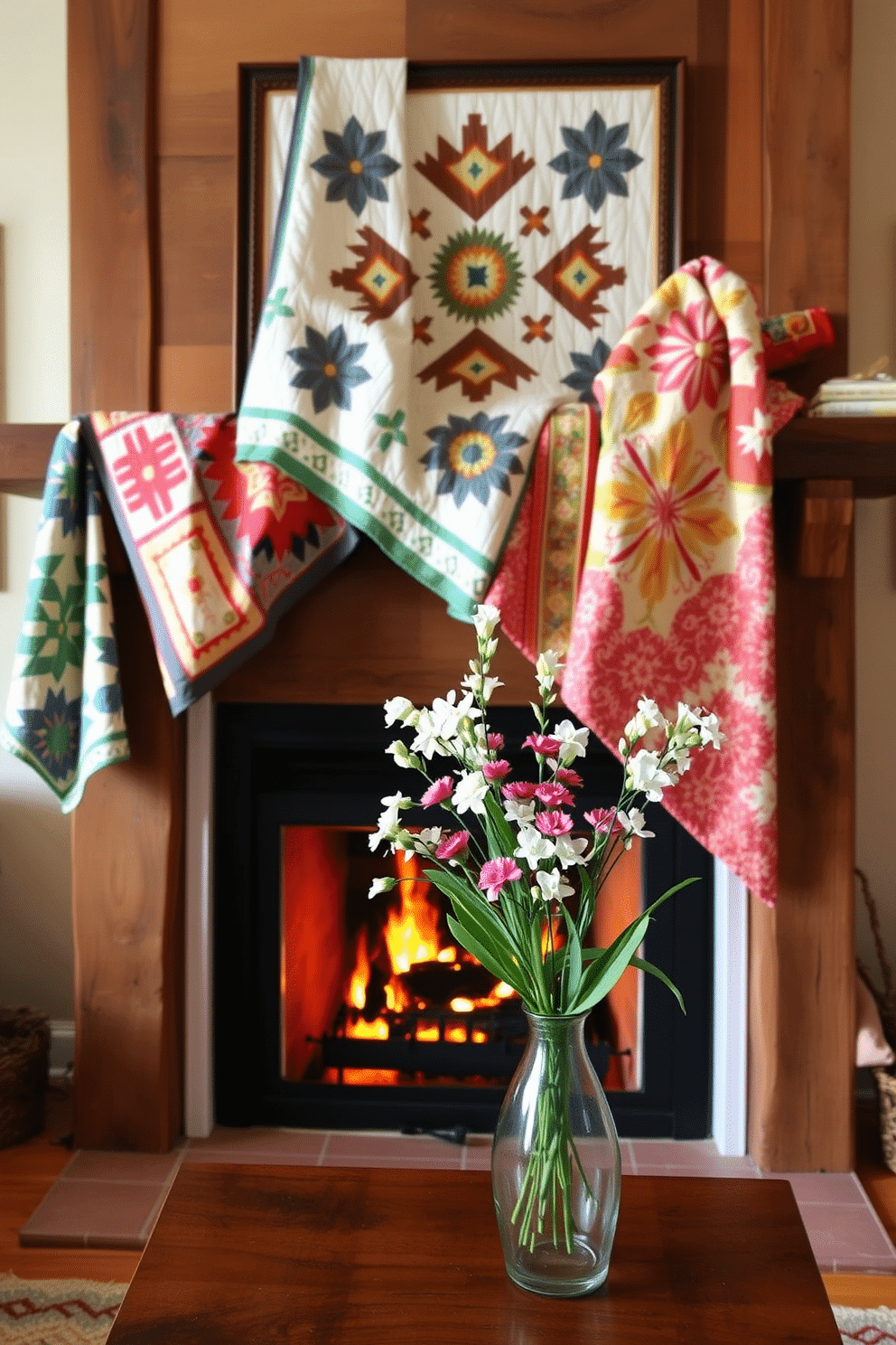 A cozy living room with a warm fireplace as the focal point. Colorful quilts in various patterns are elegantly draped over the mantel, adding a touch of vibrancy to the space. The fireplace is surrounded by rustic wooden elements, creating a welcoming atmosphere. Fresh spring flowers in a decorative vase sit on the mantel, enhancing the seasonal decor.