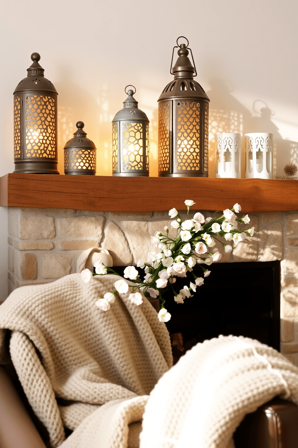 Decorative lanterns are arranged on a rustic wooden mantel, casting a warm glow across the room. The lanterns vary in size, with intricate cut-out designs that create beautiful shadows on the walls. A cozy fireplace is adorned with fresh spring flowers in pastel hues, bringing a touch of nature indoors. Soft, textured throws are draped over the seating area, inviting relaxation and comfort.