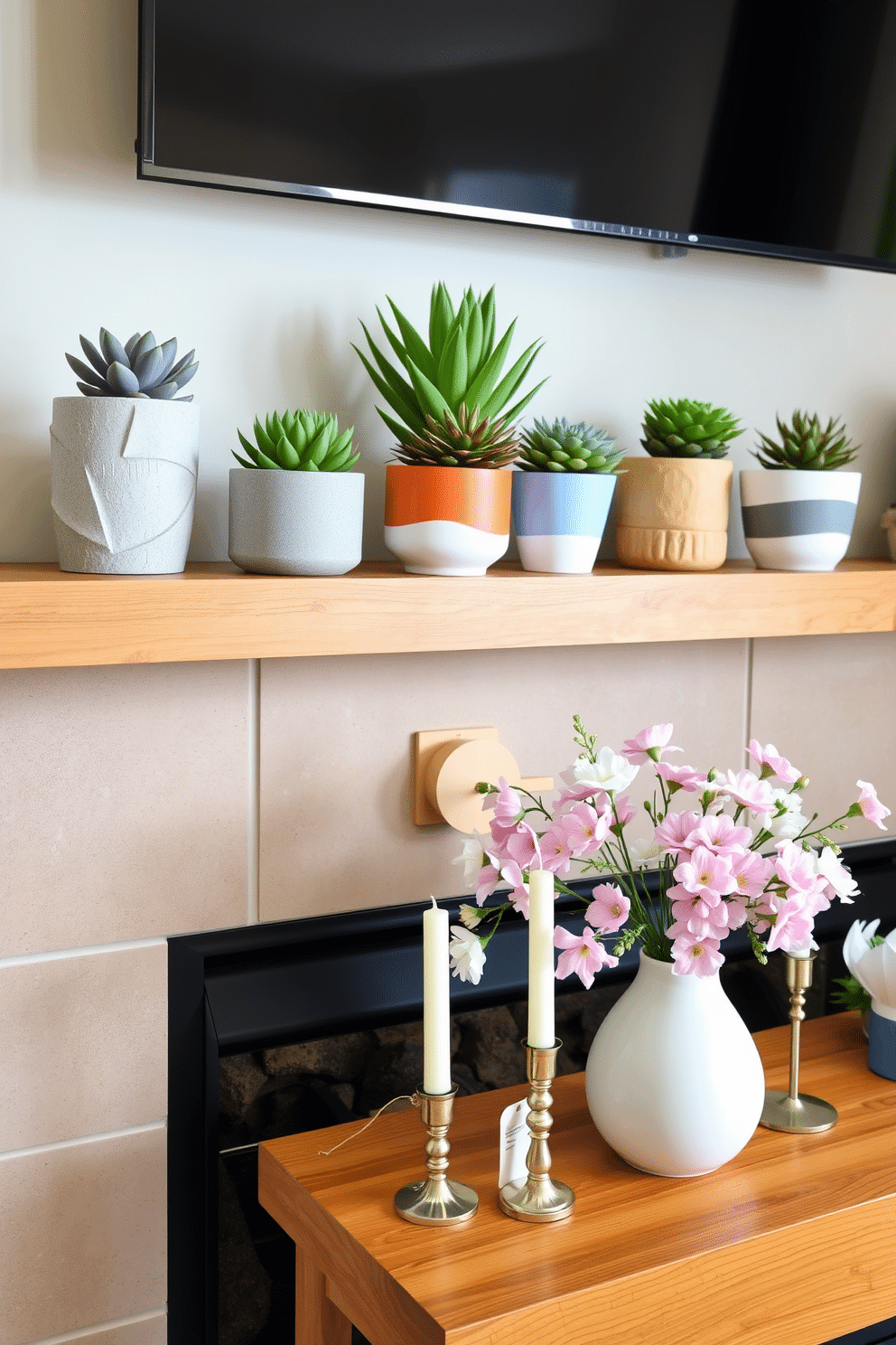 A collection of vibrant succulent arrangements is artfully displayed on a sleek wooden shelf. Each pot features a unique design, ranging from minimalist concrete to colorful ceramic, adding a modern flair to the space. The fireplace is adorned with fresh spring decorations that bring warmth and charm. Delicate flowers in pastel hues are arranged in a stylish vase, complemented by soft greenery and decorative candles.