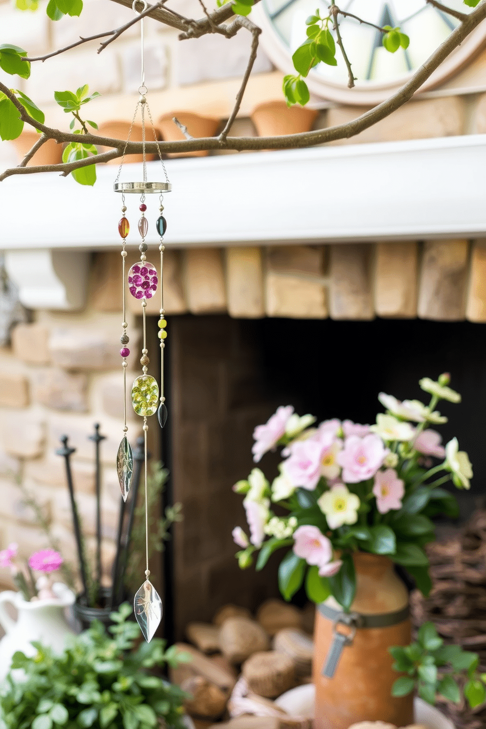 Whimsical wind chimes made from colorful glass and metal hang gracefully from a tree branch. The soft tinkling sound adds a playful element to the garden, enhancing the serene atmosphere. Spring fireplace decorating ideas feature a cheerful arrangement of pastel flowers in a rustic vase. Surround the fireplace with fresh greenery and seasonal decor, creating a warm and inviting focal point in the living space.