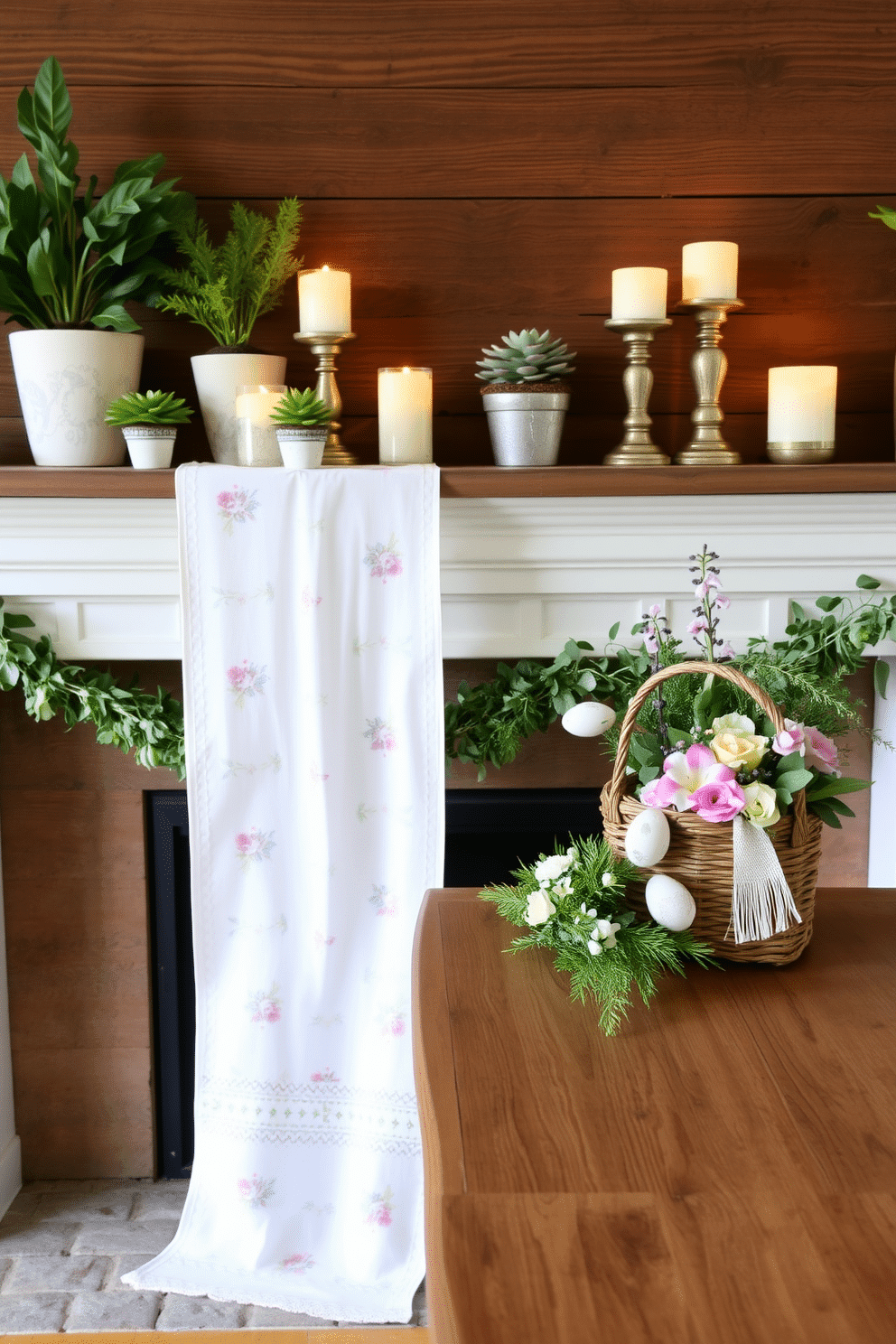 A charming spring-themed table runner drapes gracefully over a rustic mantel, adorned with delicate floral patterns in soft pastel colors. Above the runner, a collection of small potted plants and candles create a warm and inviting atmosphere, perfect for the season. The fireplace is elegantly decorated with fresh greenery and seasonal blooms, enhancing the spring vibe. A few artfully arranged decorative eggs and a woven basket filled with flowers complete the look, bringing a touch of nature indoors.