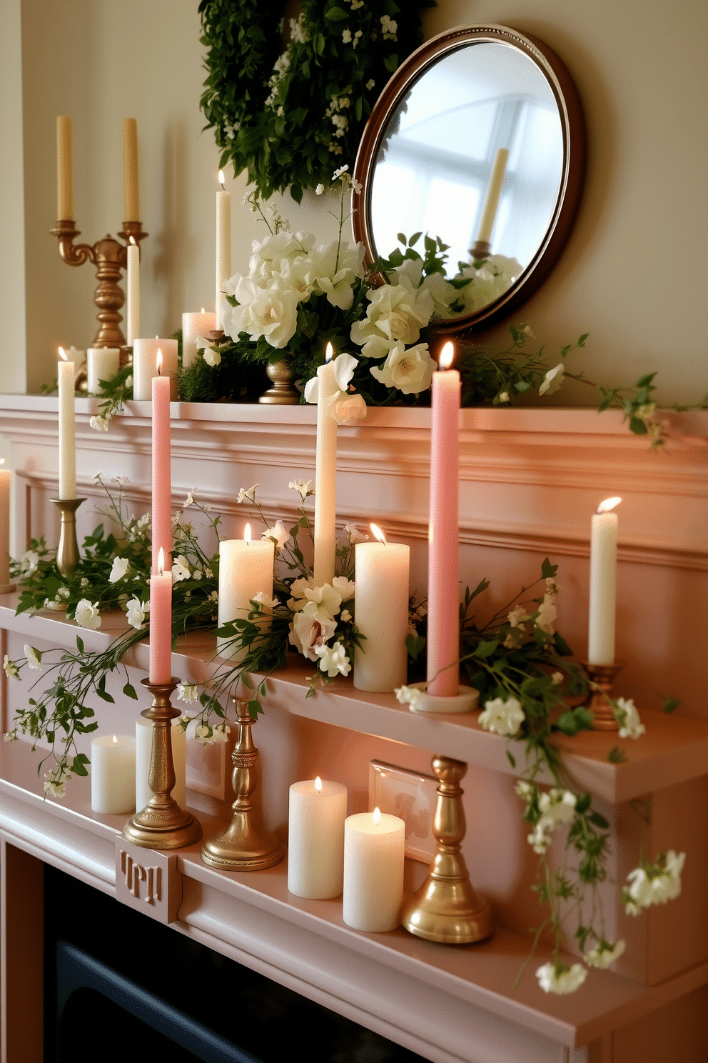 A cozy living room features a charming mantel adorned with an assortment of pastel colored candles in varying heights. The fireplace is elegantly decorated with fresh spring flowers and delicate greenery, creating a warm and inviting atmosphere.